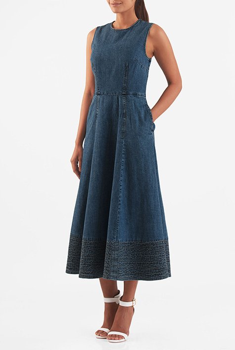 Shop Trapunto Hem Cotton Denim Midi Dress Eshakti