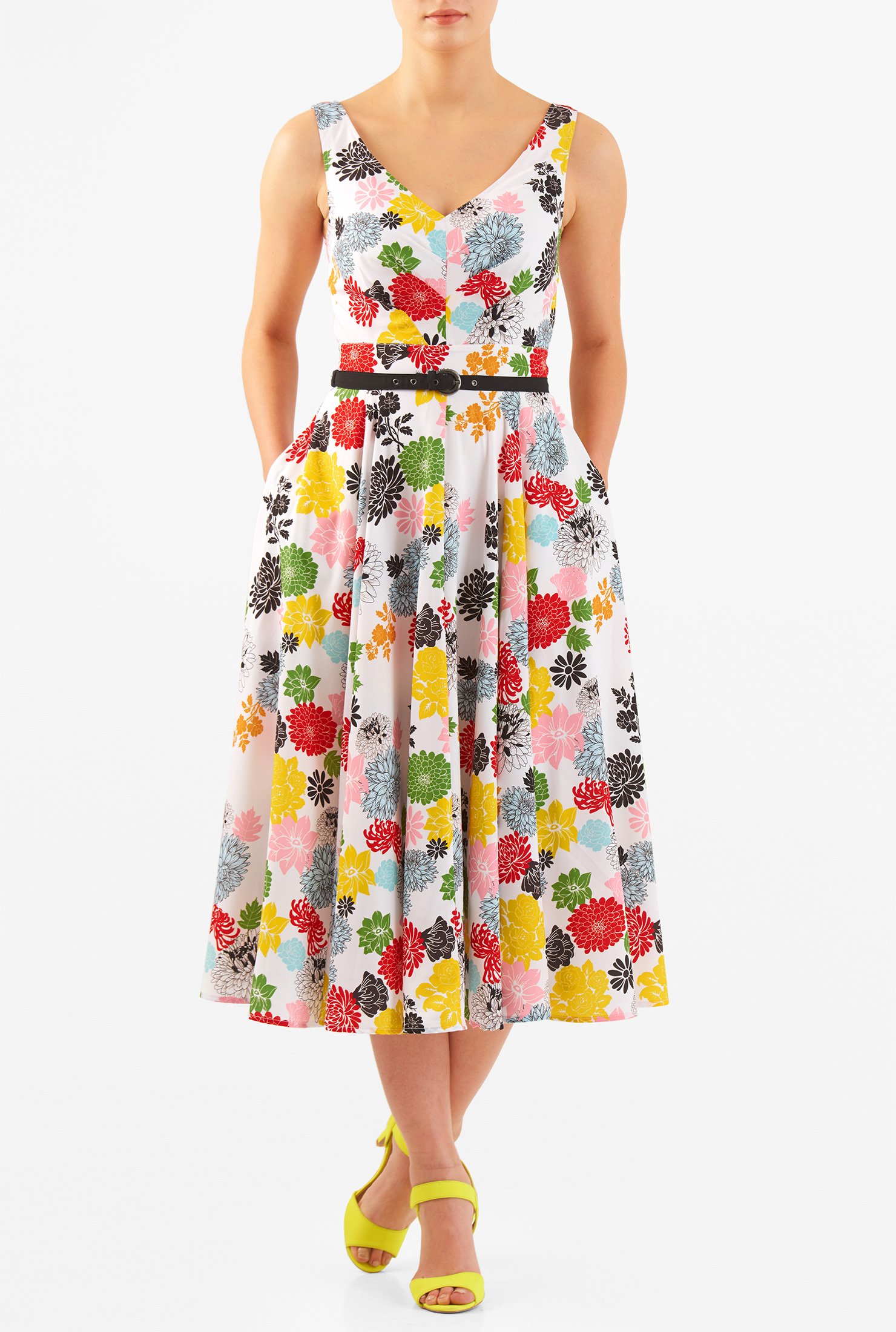 Shop Chrysanthemum print belted crepe dress | eShakti