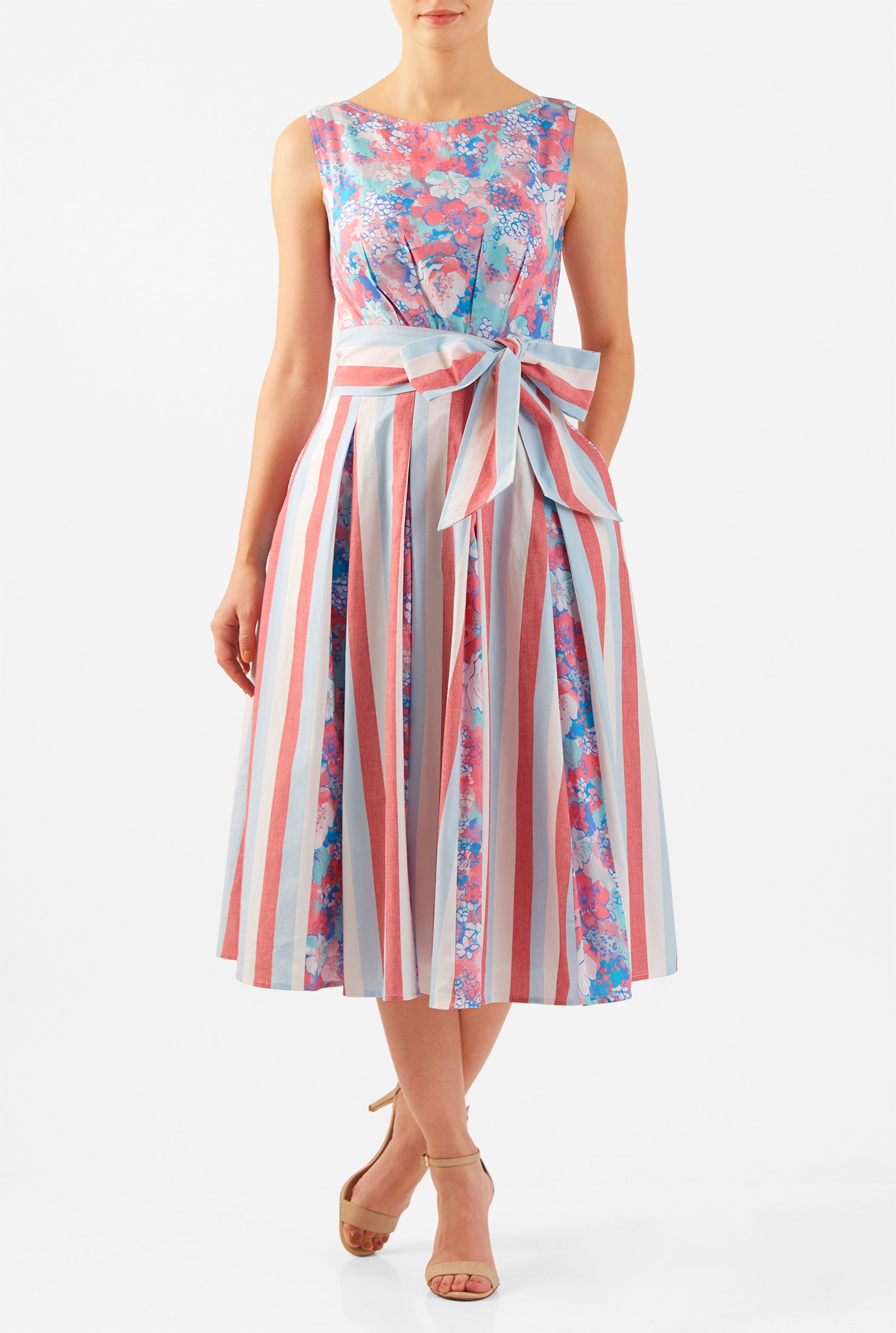 Shop Floral print inset stripe pleat cotton dress | eShakti