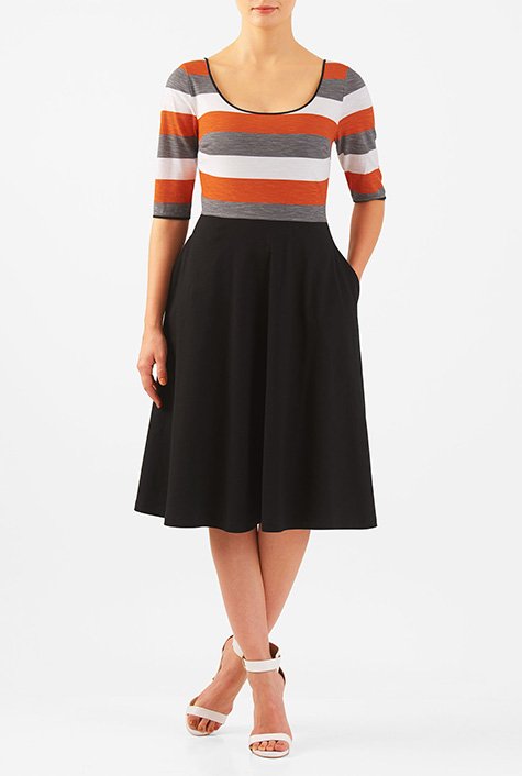 Shop Stripe cotton knit fit-and-flare dress | eShakti