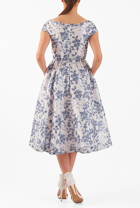 Shop Floral print trapunto trim dupioni dress | eShakti