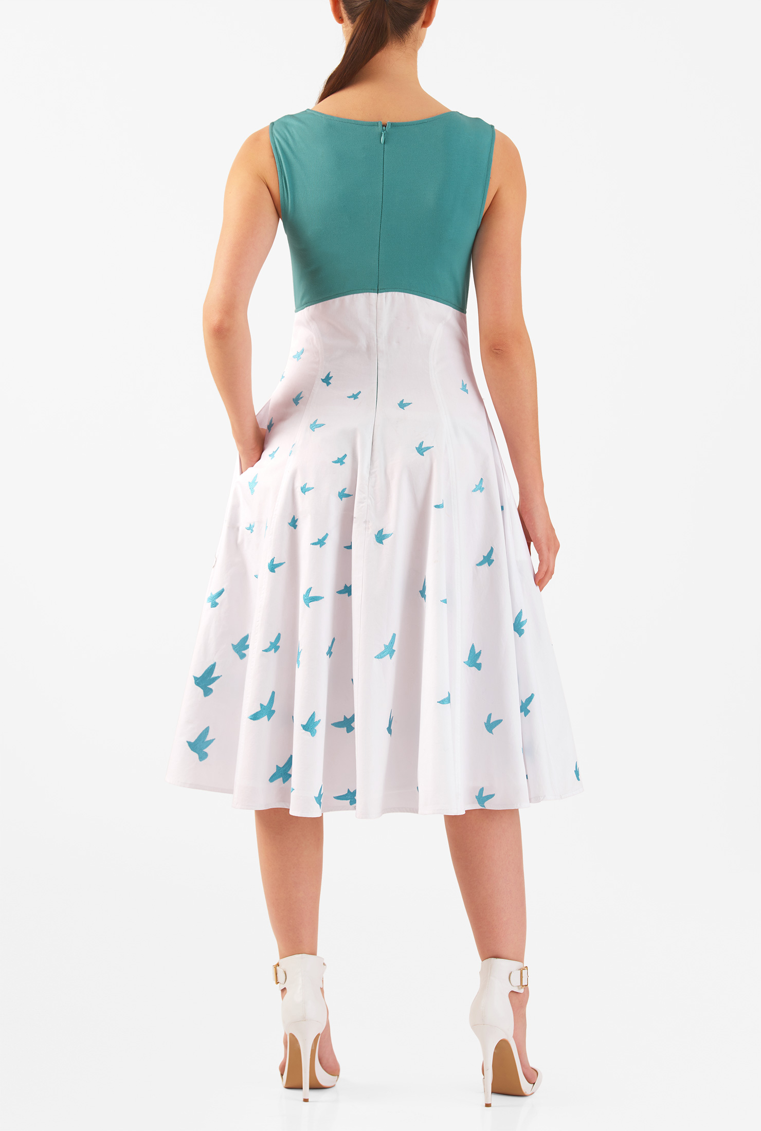 Shop Bird embellished empire mixed media dress eShakti