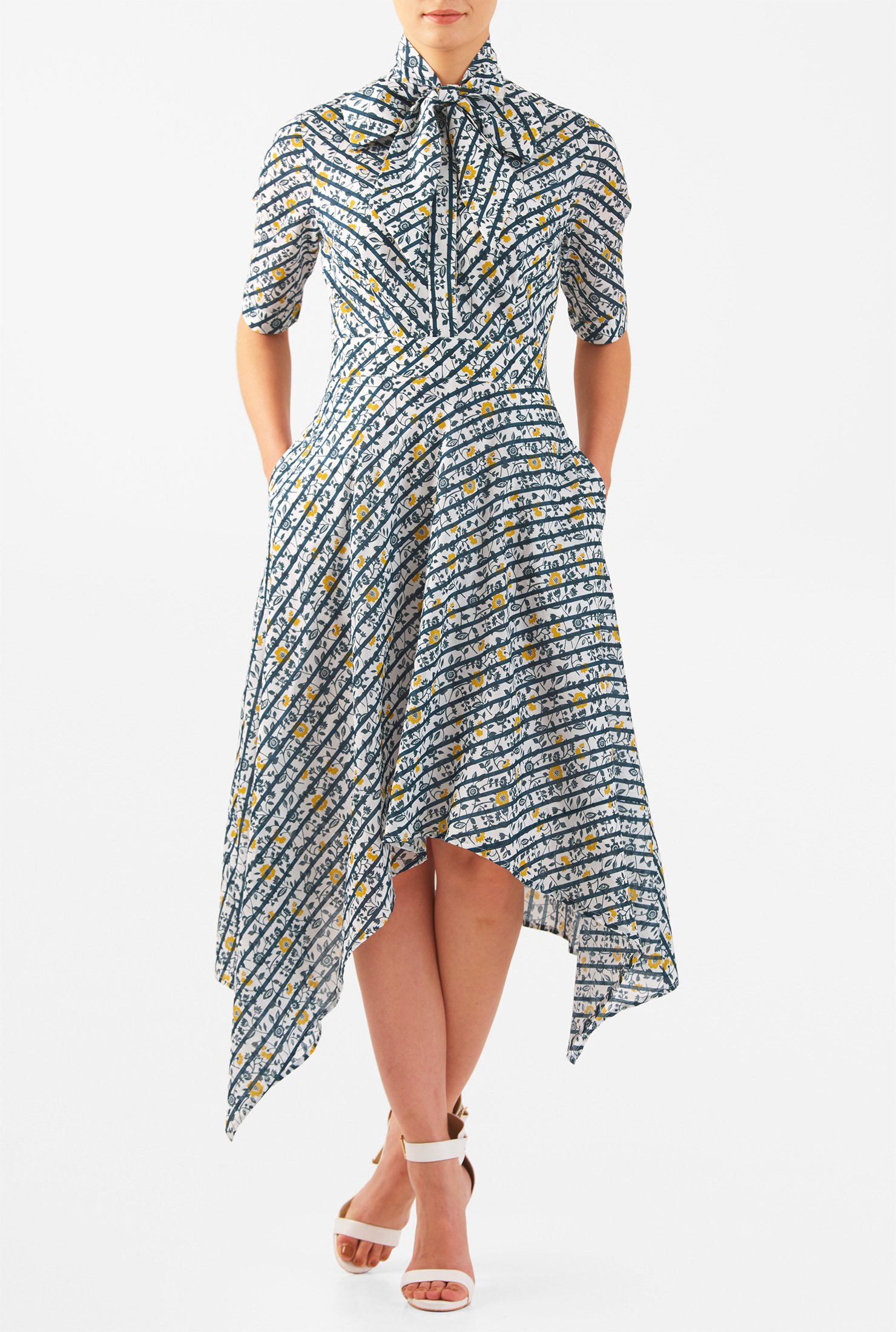 Shop Asymmetric hem stripe and floral print cotton shirtdress | eShakti