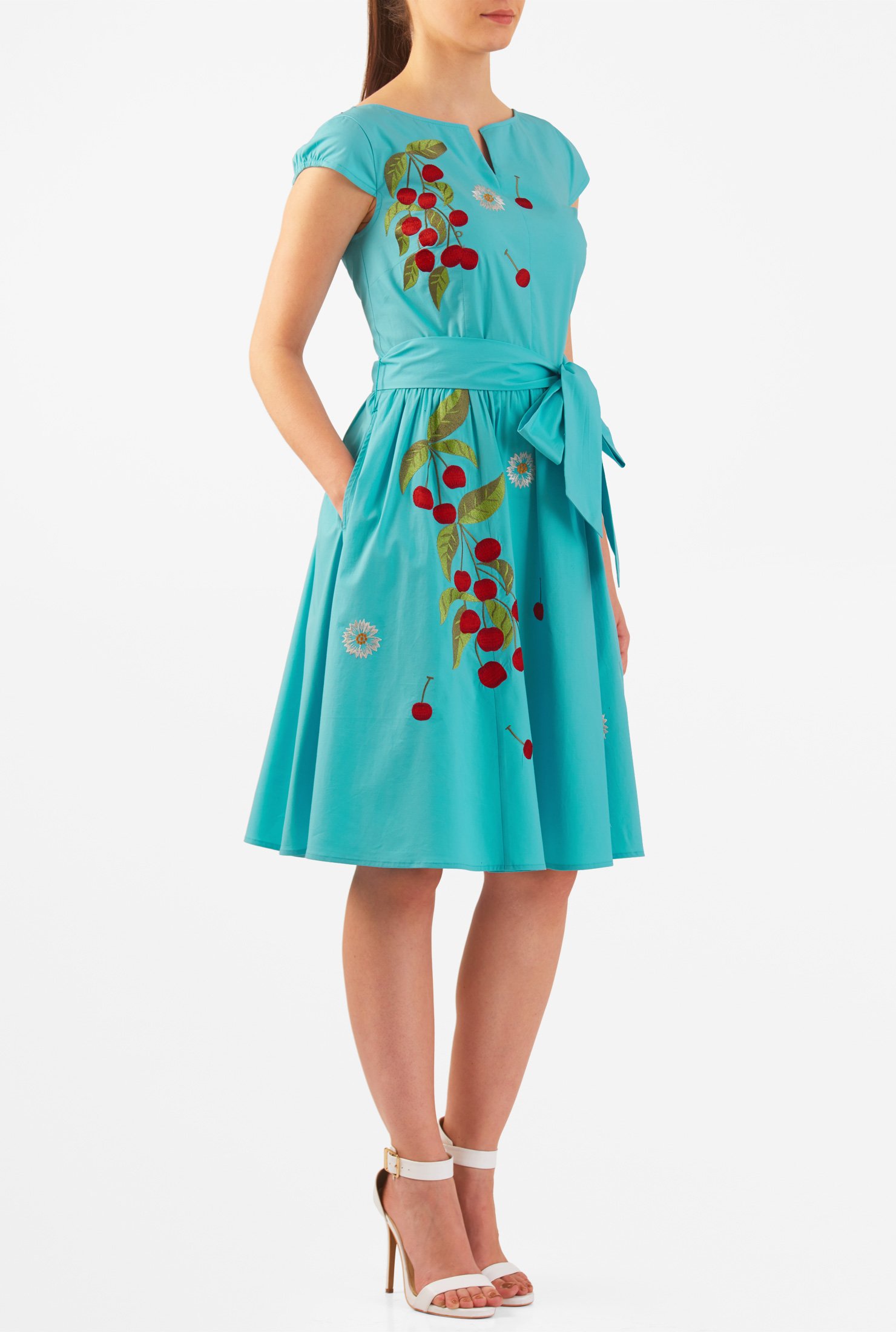 Shop Floral embellished sash tie poplin dress | eShakti