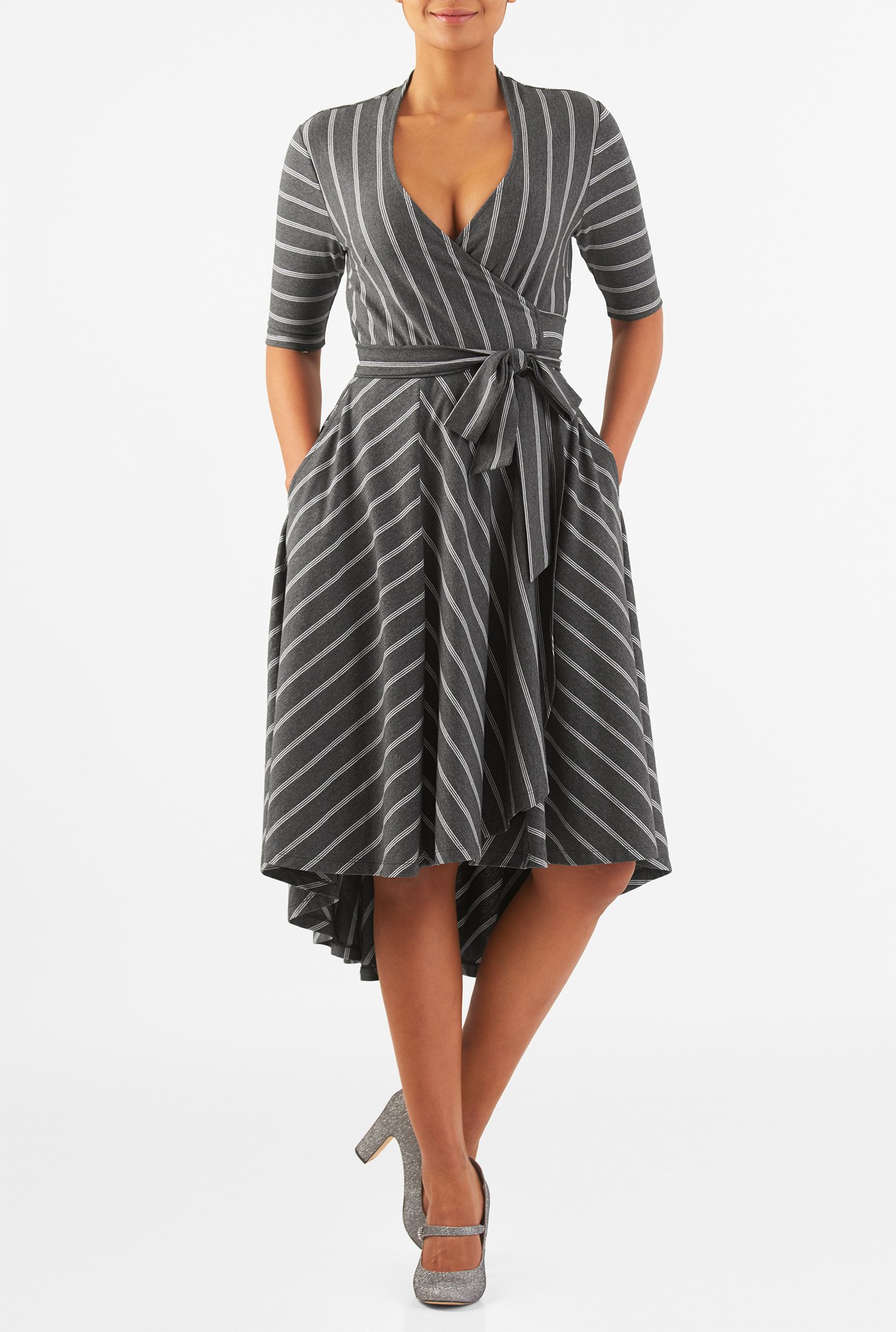 Shop High-low hem stripe knit wrap dress | eShakti
