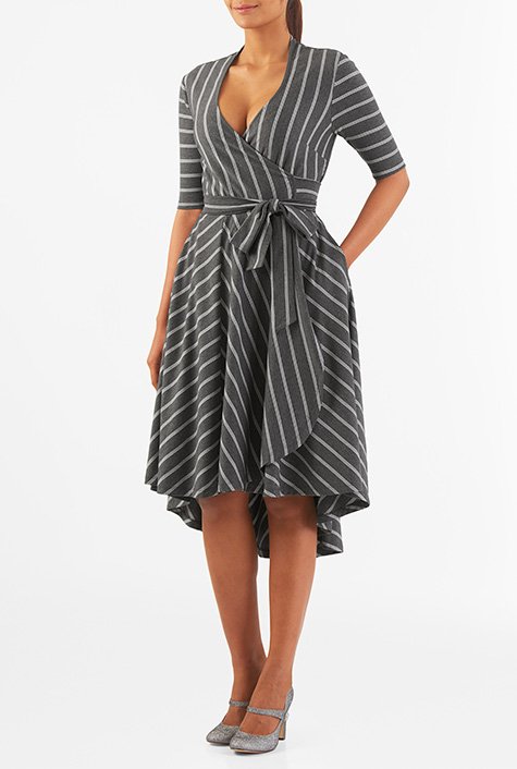 Shop High-low hem stripe knit wrap dress | eShakti