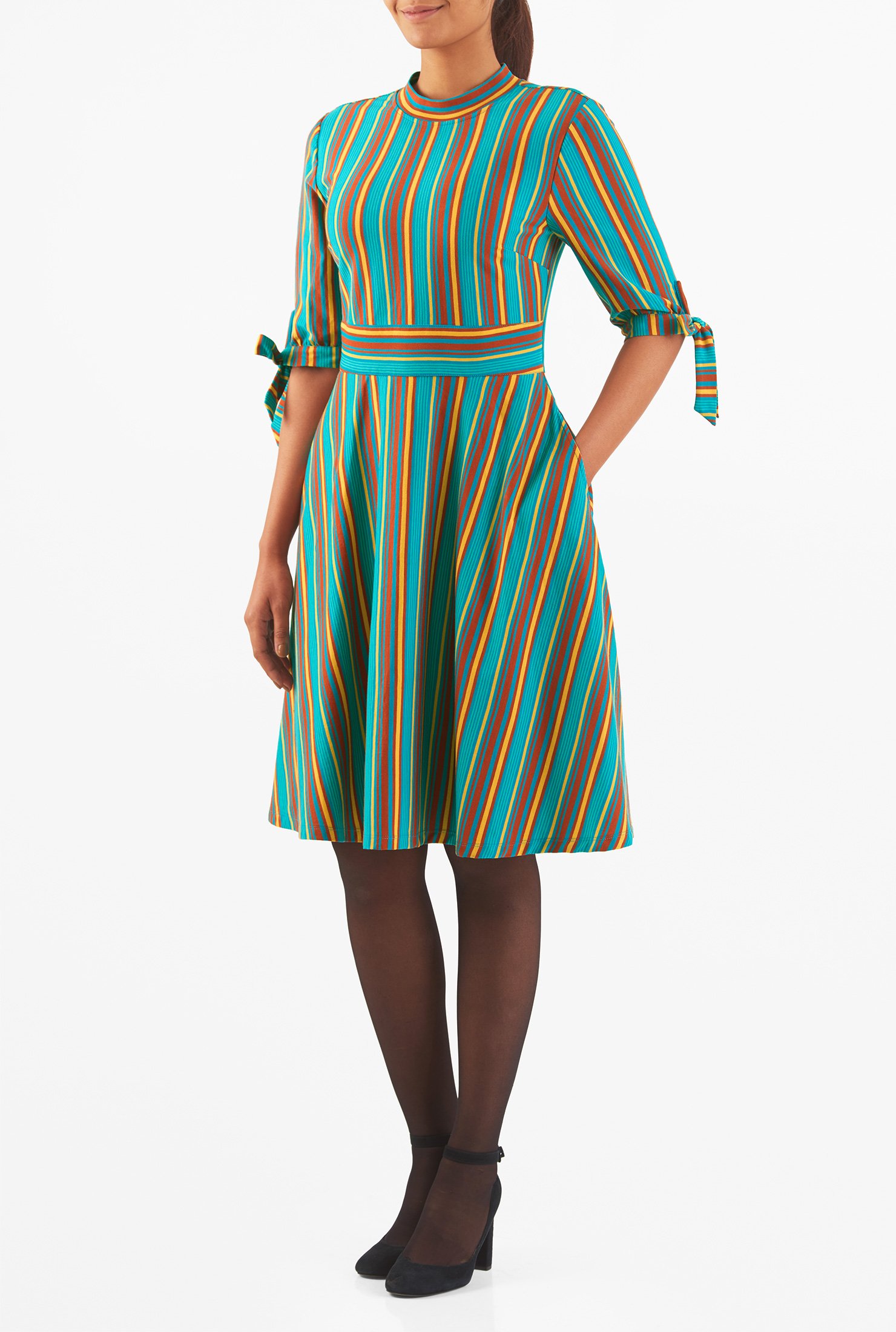 Shop Tie cuffs stripe cotton knit dress | eShakti