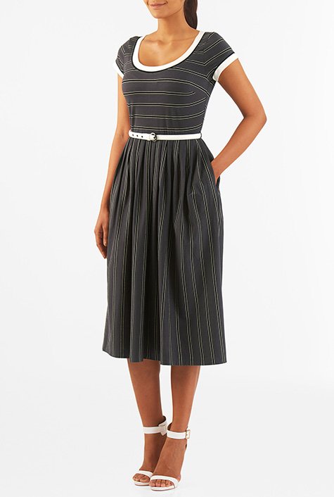 Shop Contrast trim stripe cotton knit belted midi dress | eShakti