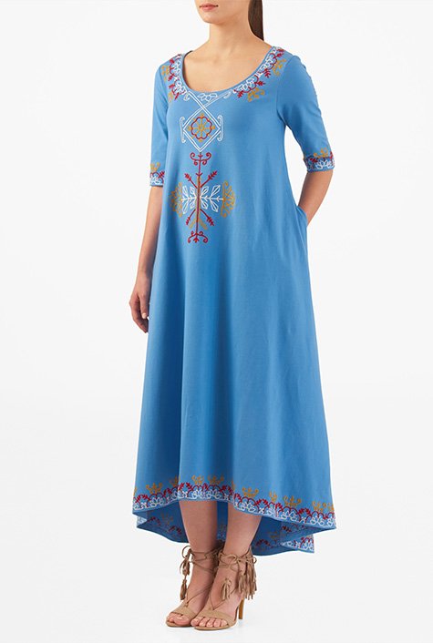 Graphic embellished cotton knit elliptical hem maxi dress