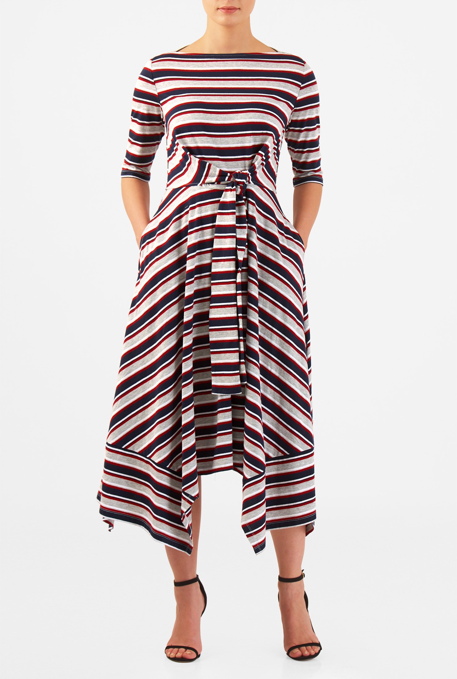 Shop Stripe cotton knit tie front asymmetric hem dress | eShakti