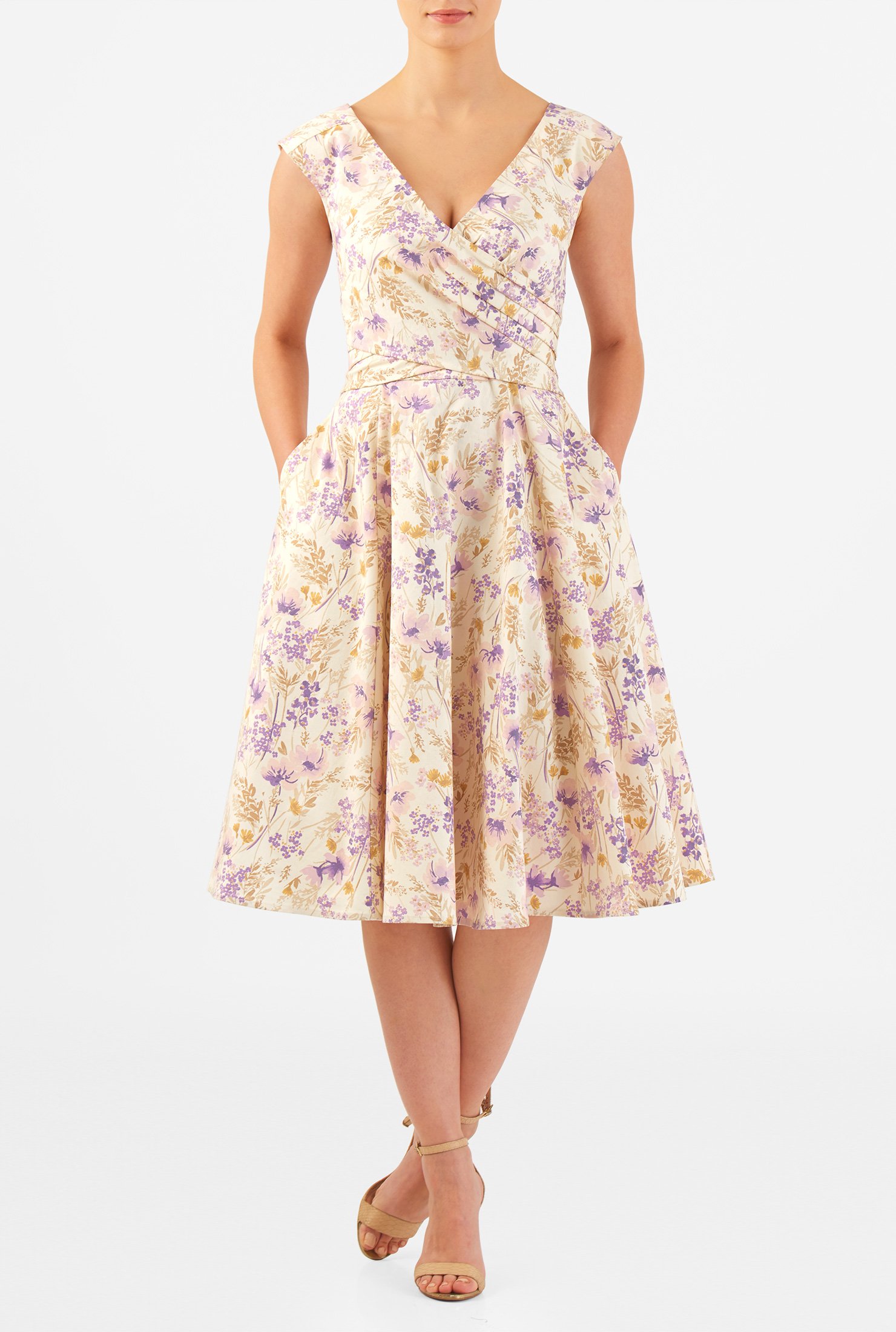 Shop Washed floral print cotton sateen surplice dress | eShakti
