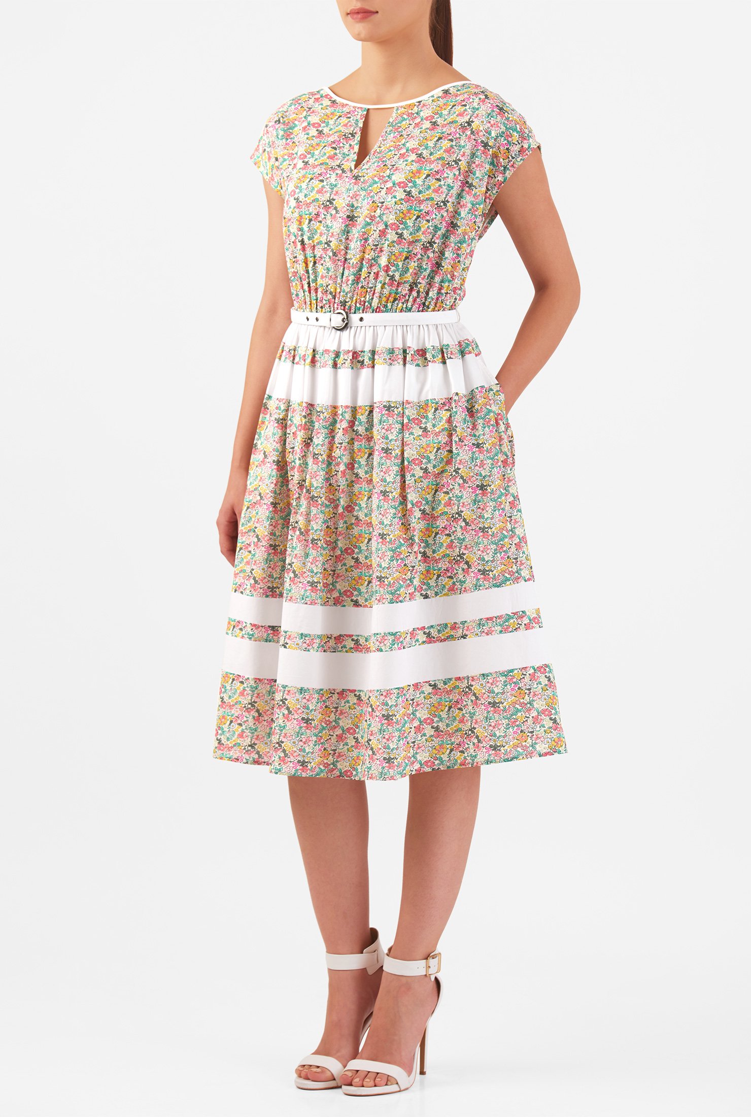 Shop Ditsy floral print cotton banded stripe dress | eShakti