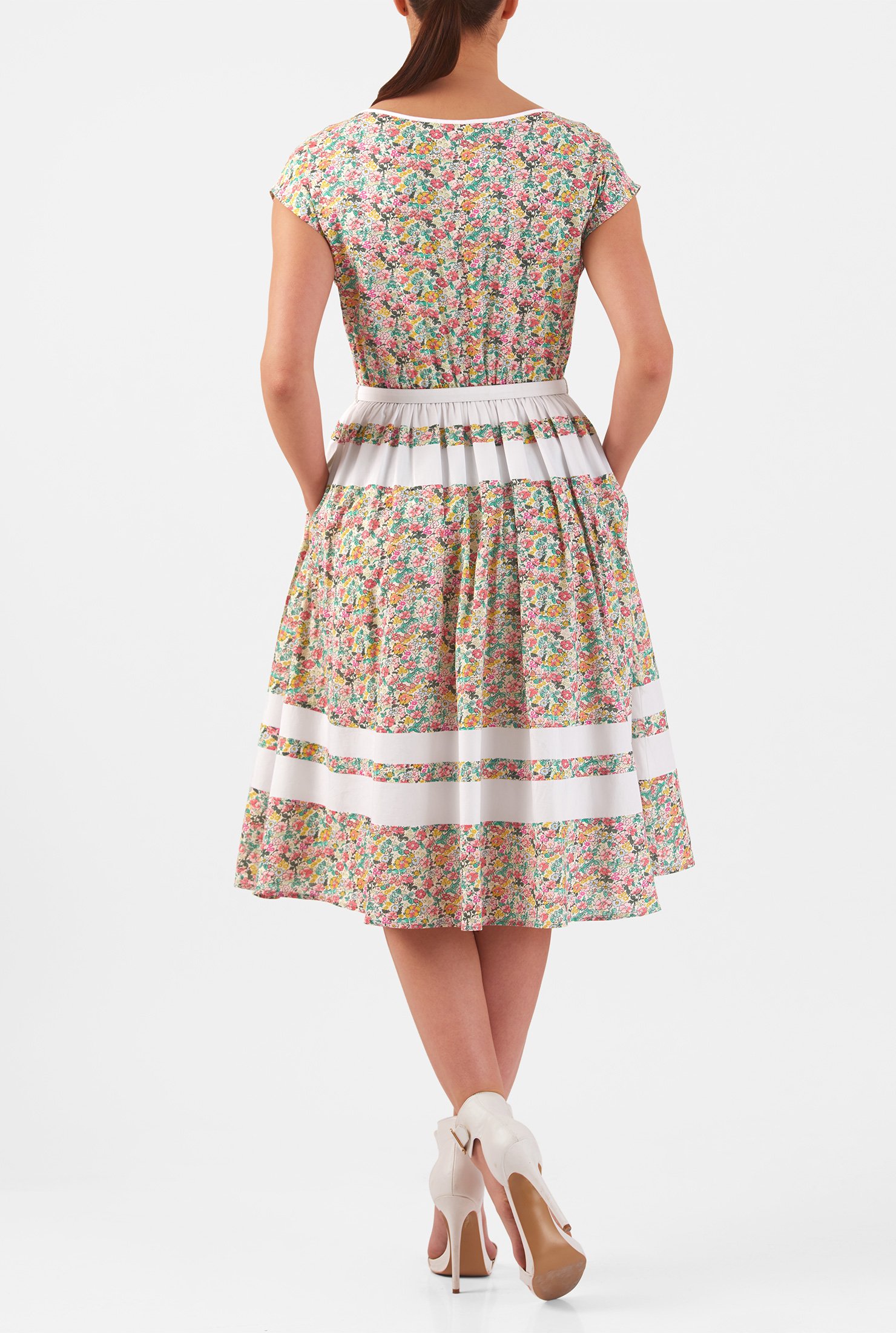 Shop Ditsy floral print cotton banded stripe dress | eShakti