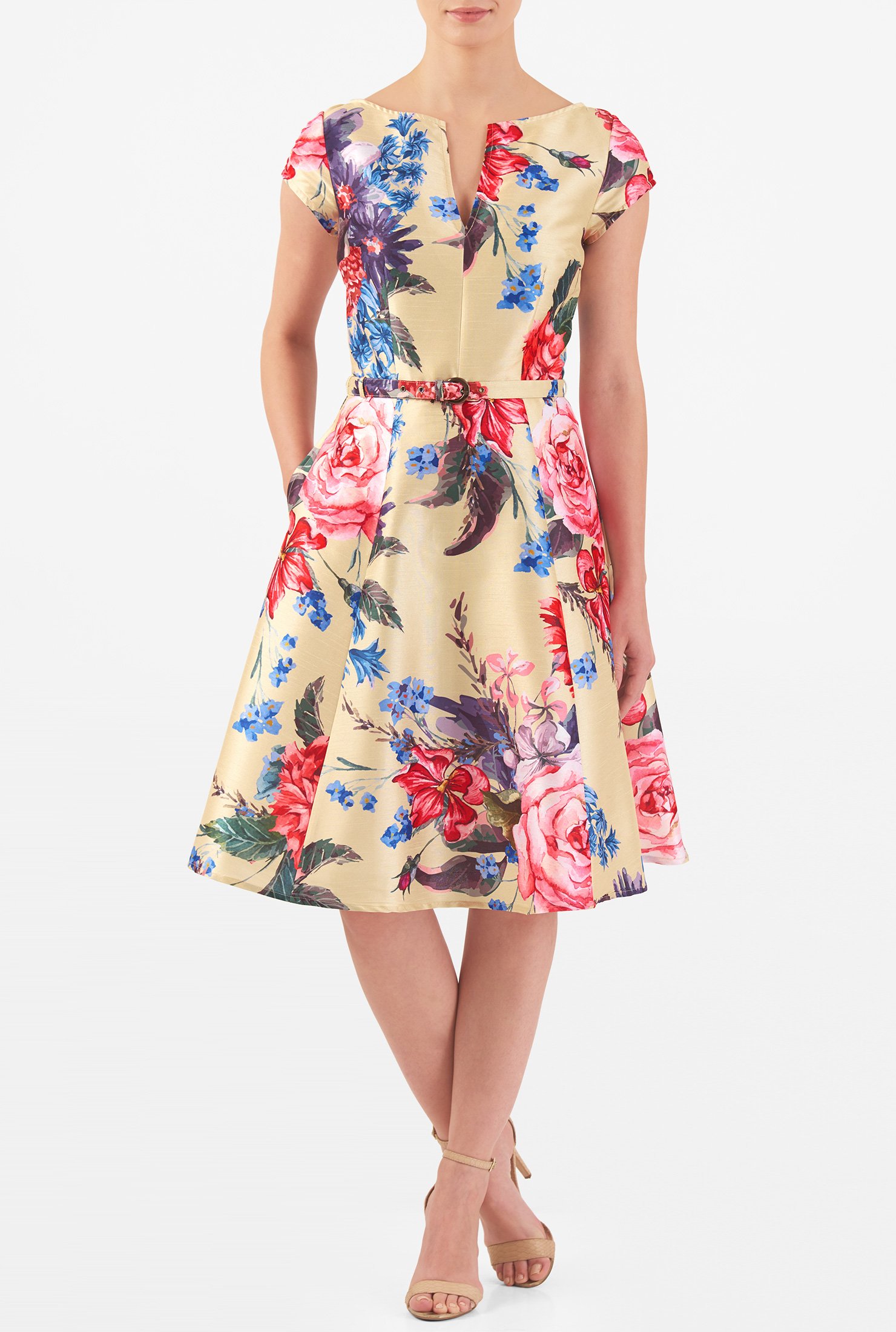 Shop Floral print belted dupioni dress | eShakti