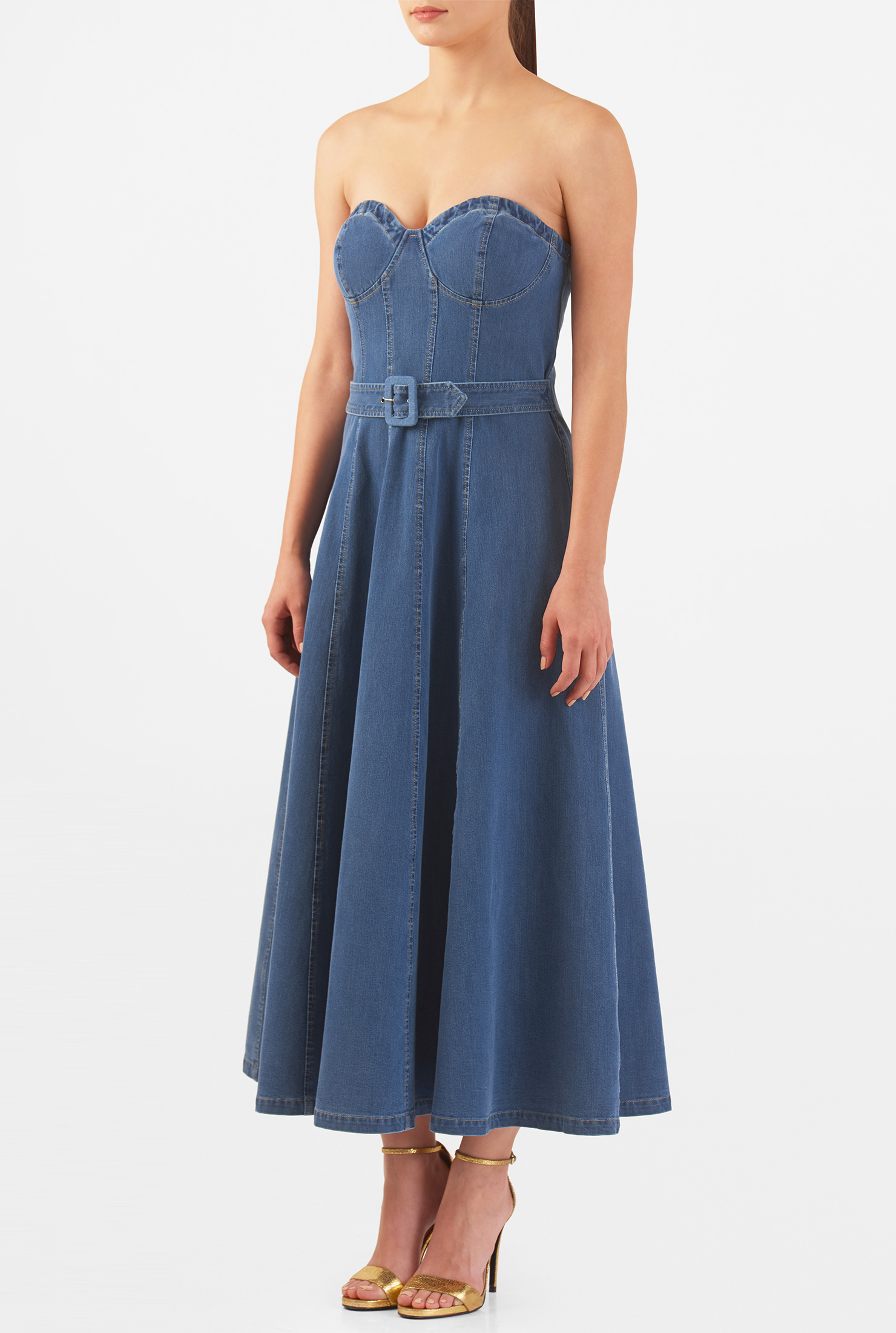 Shop Cotton denim bustier strapless midi dress eShakti