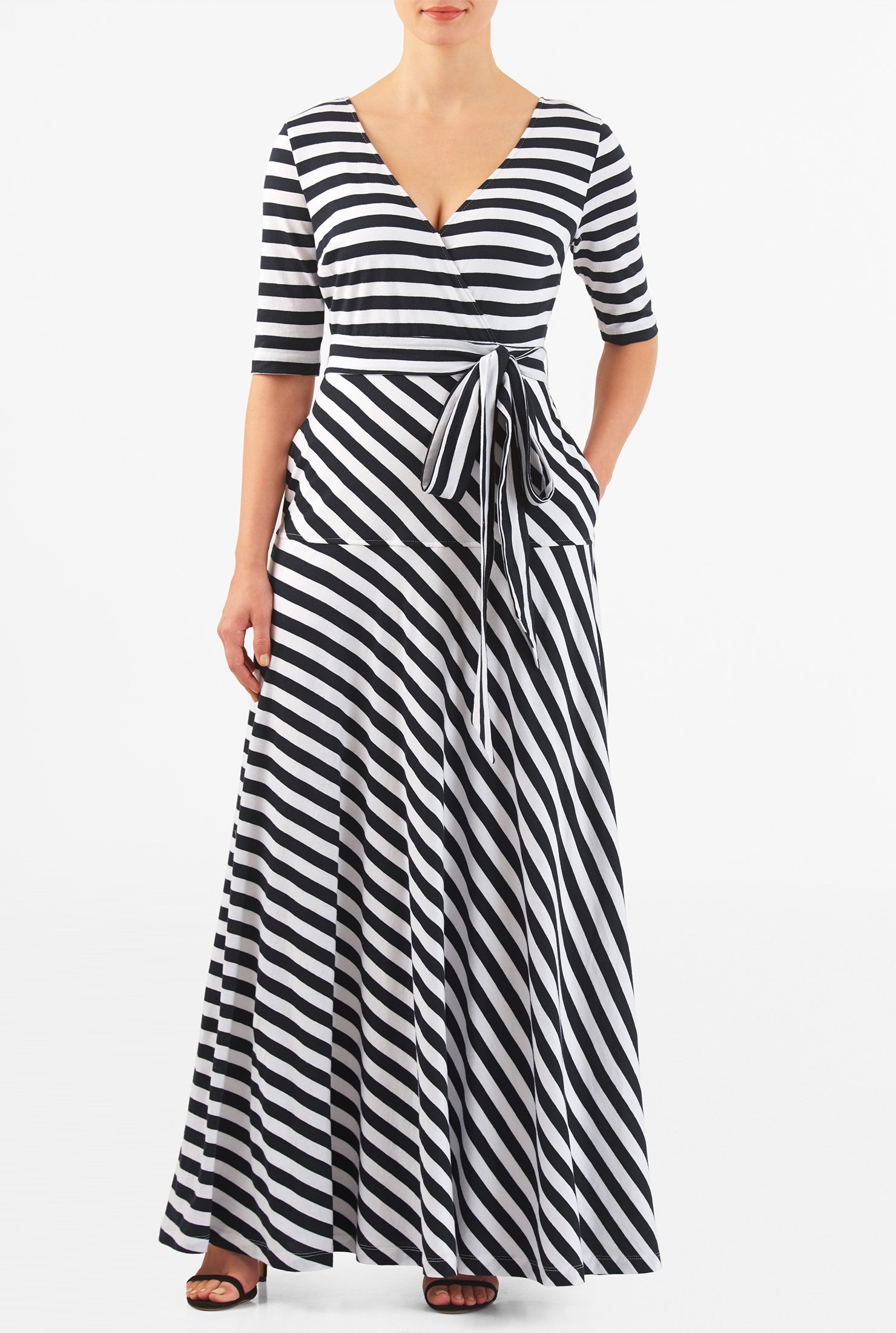 Shop Stripe cotton knit surplice maxi dress | eShakti
