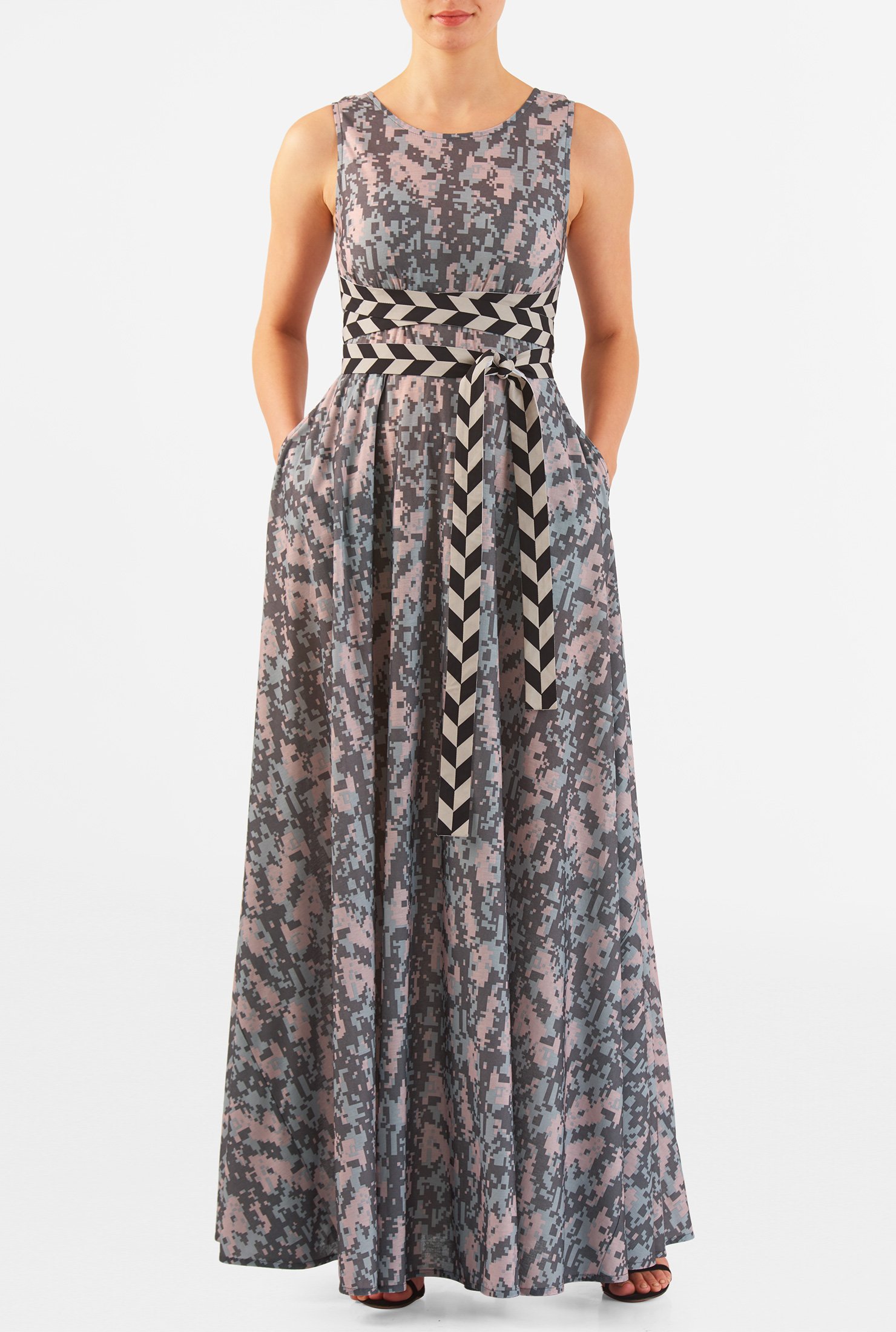 Shop Empire tie waist graphic print cotton knit maxi dress | eShakti