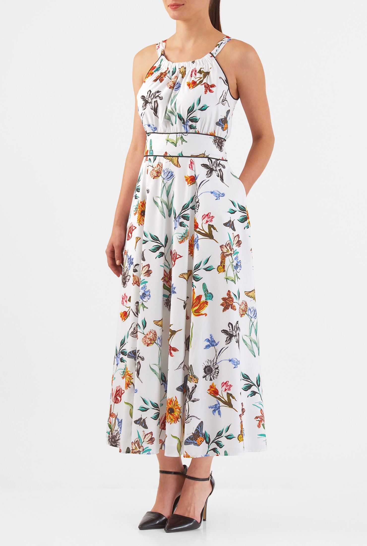 Shop Floral butterfly print tie back crepe maxi dress | eShakti