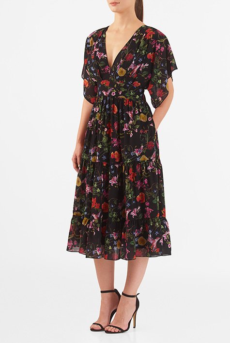Shop Tropical floral print georgette tiered dress | eShakti