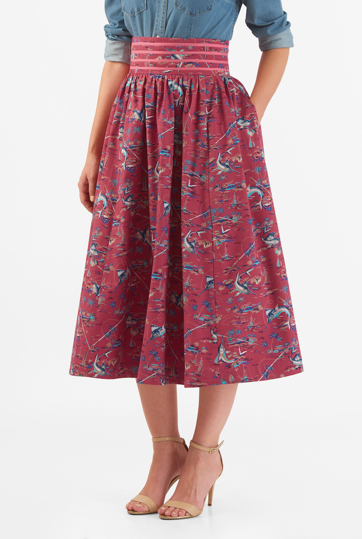 Shop Sea print cotton twill skirt eShakti