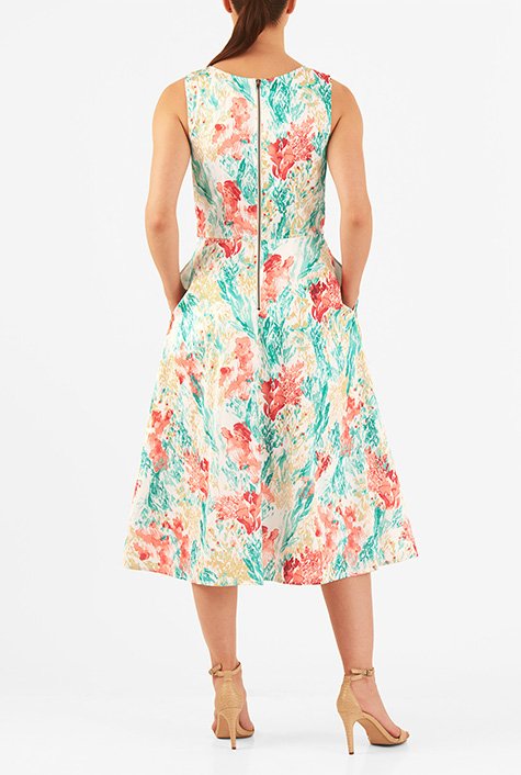 Shop Washed floral print pleat neck dupioni dress | eShakti