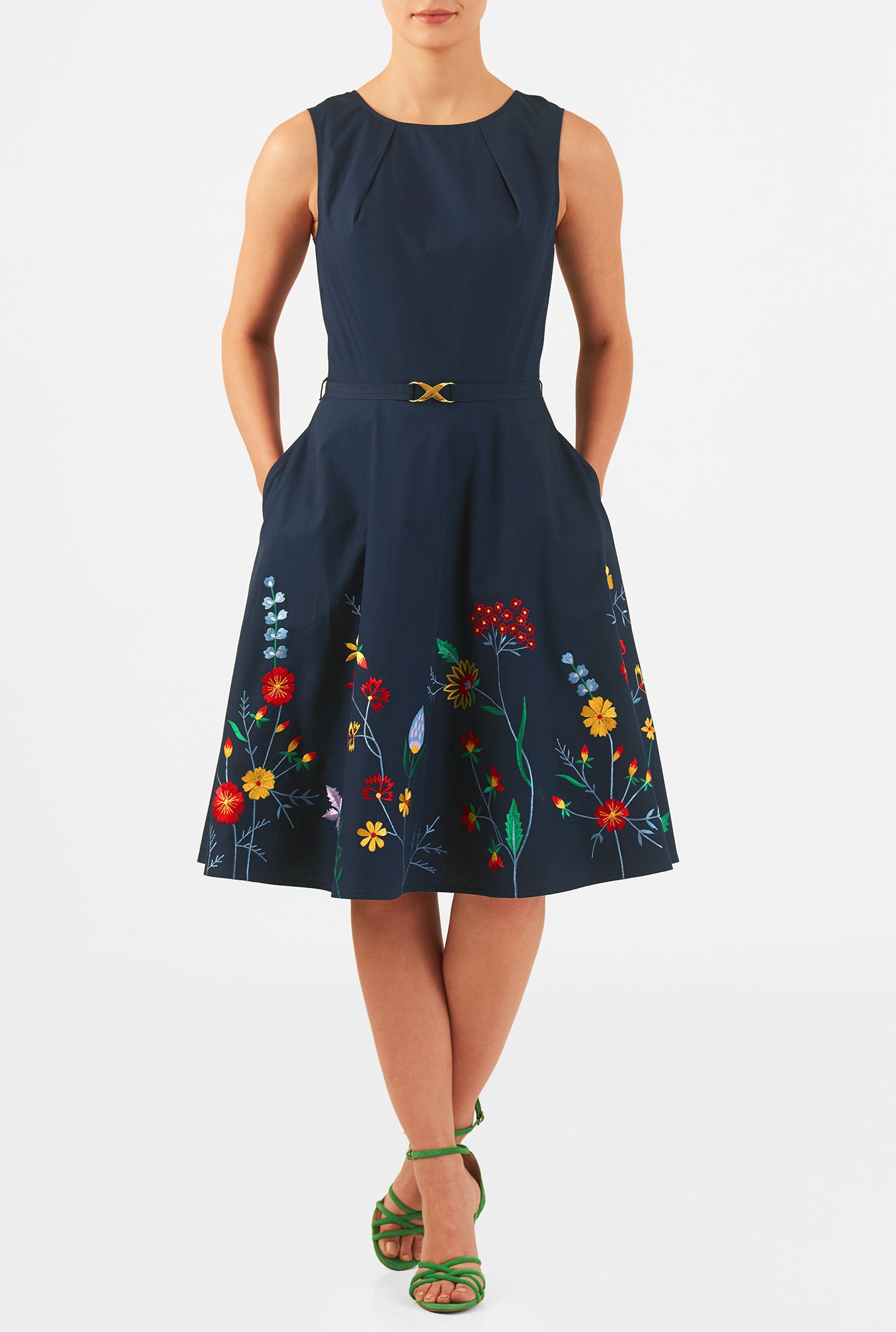 Shop Floral embellished pleat neck poplin dress | eShakti