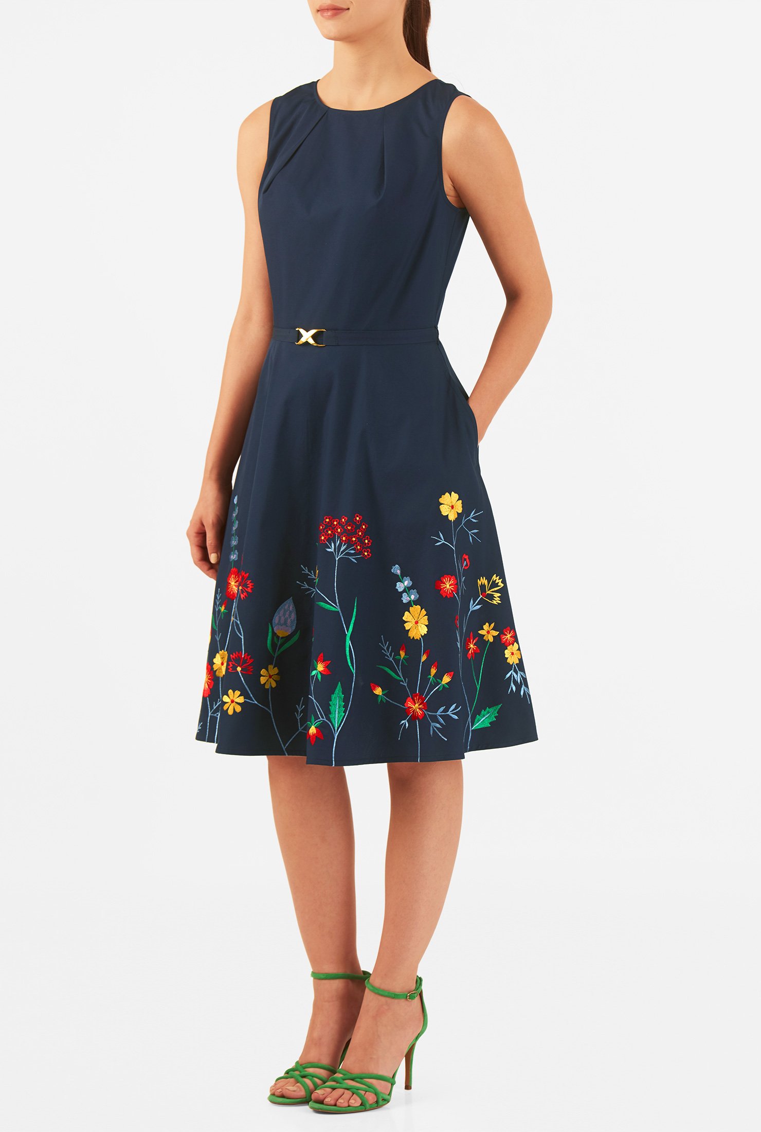 Shop Floral embellished pleat neck poplin dress | eShakti