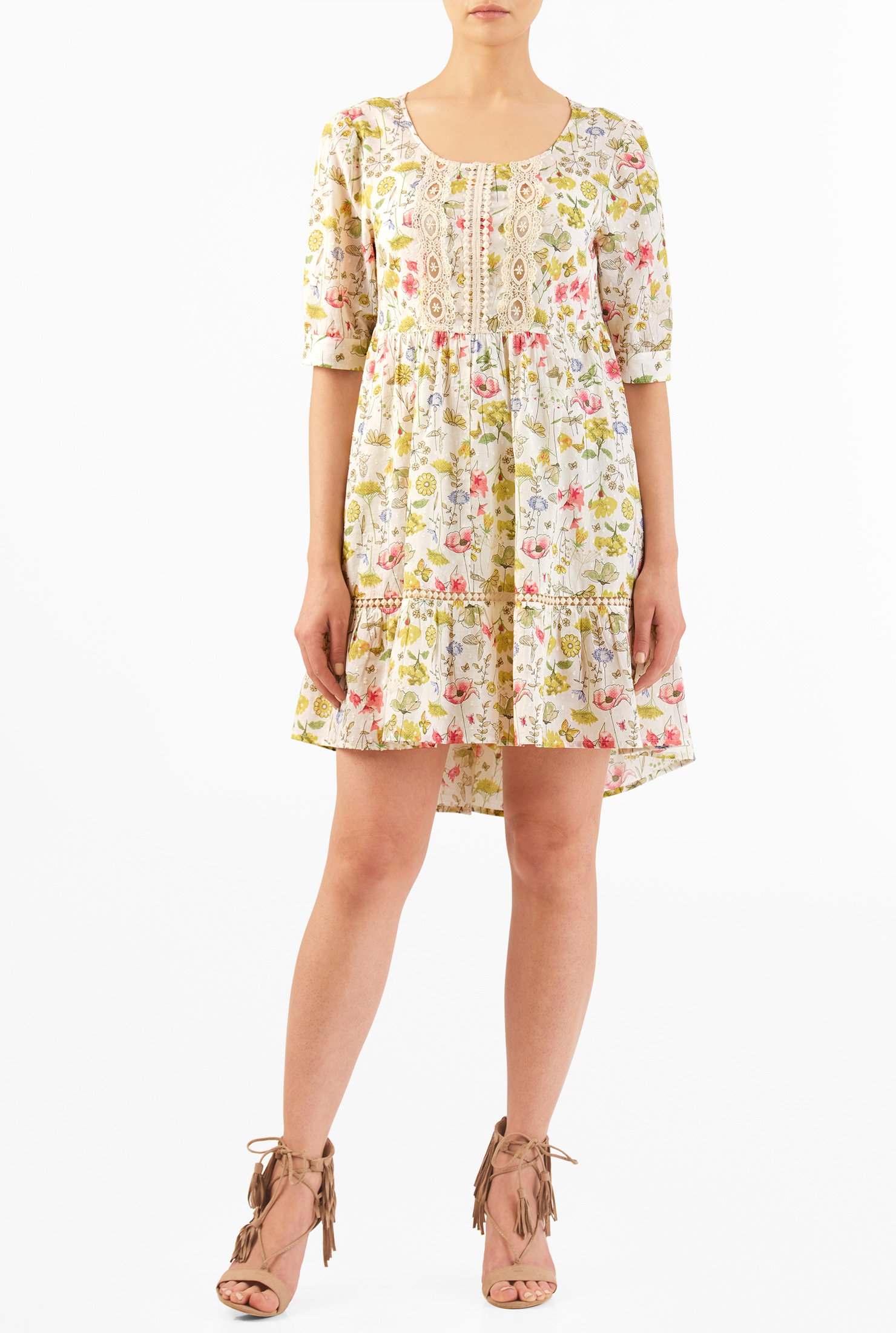 Shop Lace trim floral print cotton shift dress | eShakti
