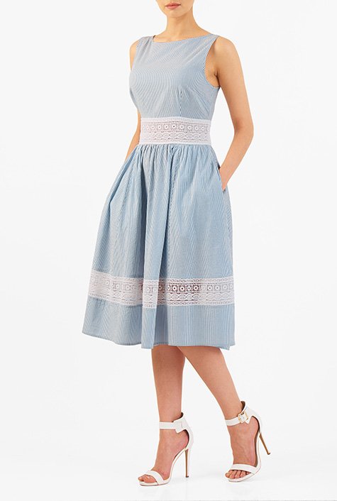 Shop Lace trim cotton seersucker stripe dress | eShakti