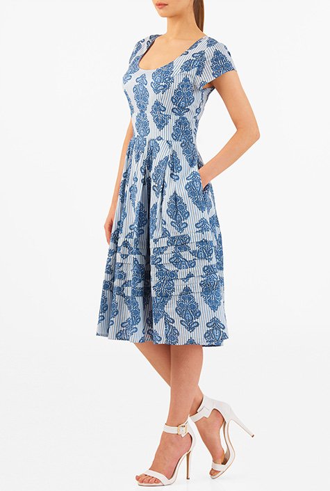 Shop Graphic floral stripe print cotton dress | eShakti