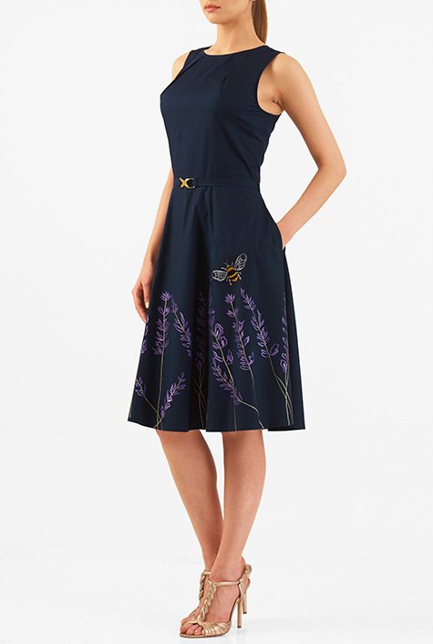 Shop Bumblebee and leaf embellished cotton poplin dress | eShakti