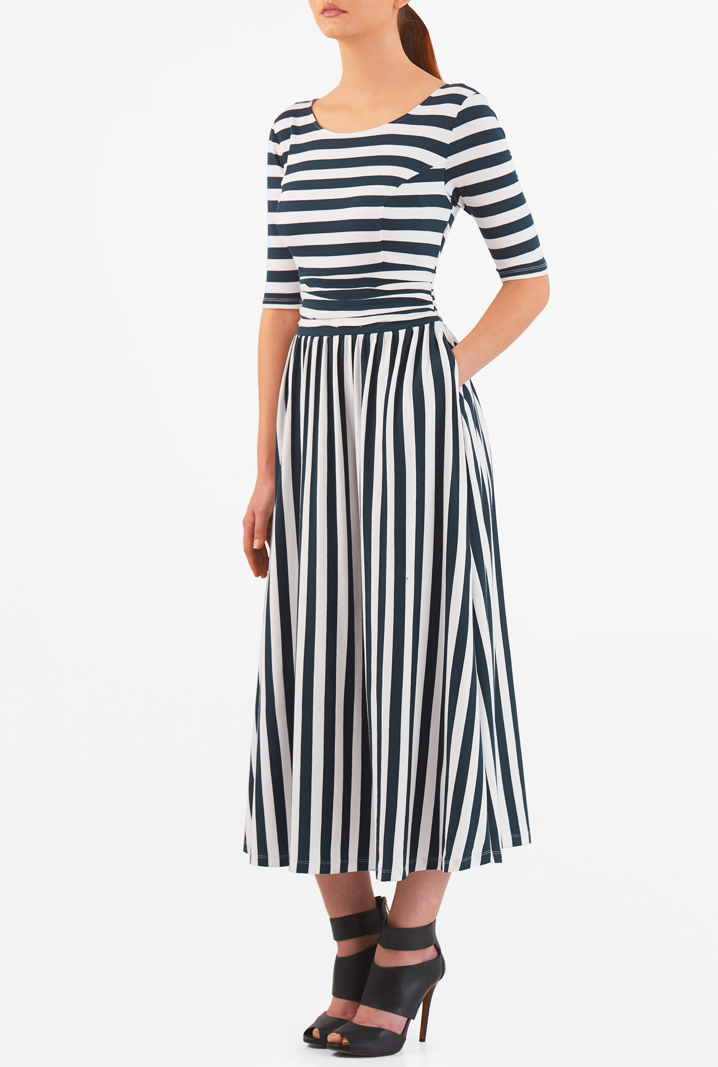 Shop Ruched waist stripe cotton knit maxi dress eShakti