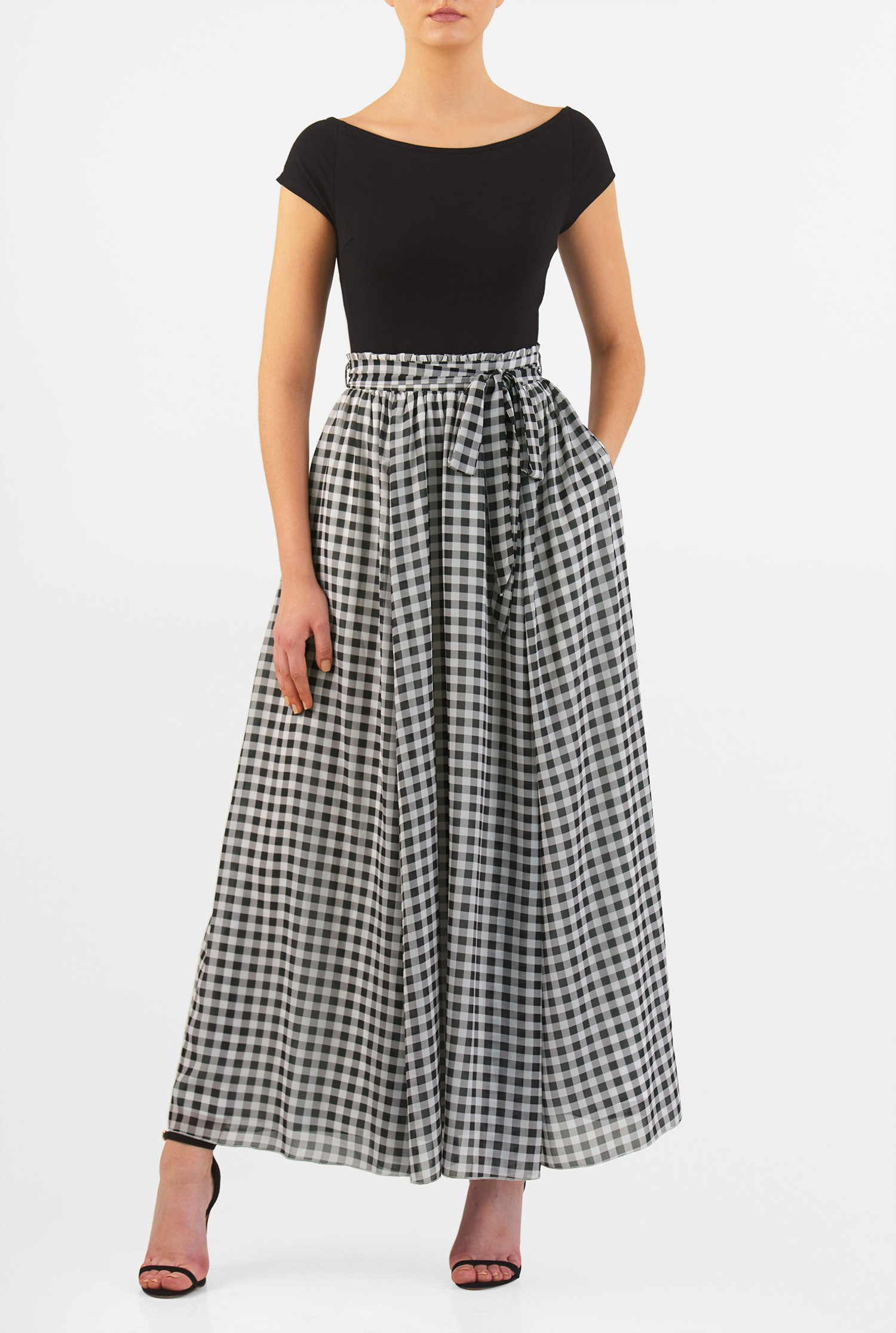 Shop Gingham check print georgette maxi skirt | eShakti