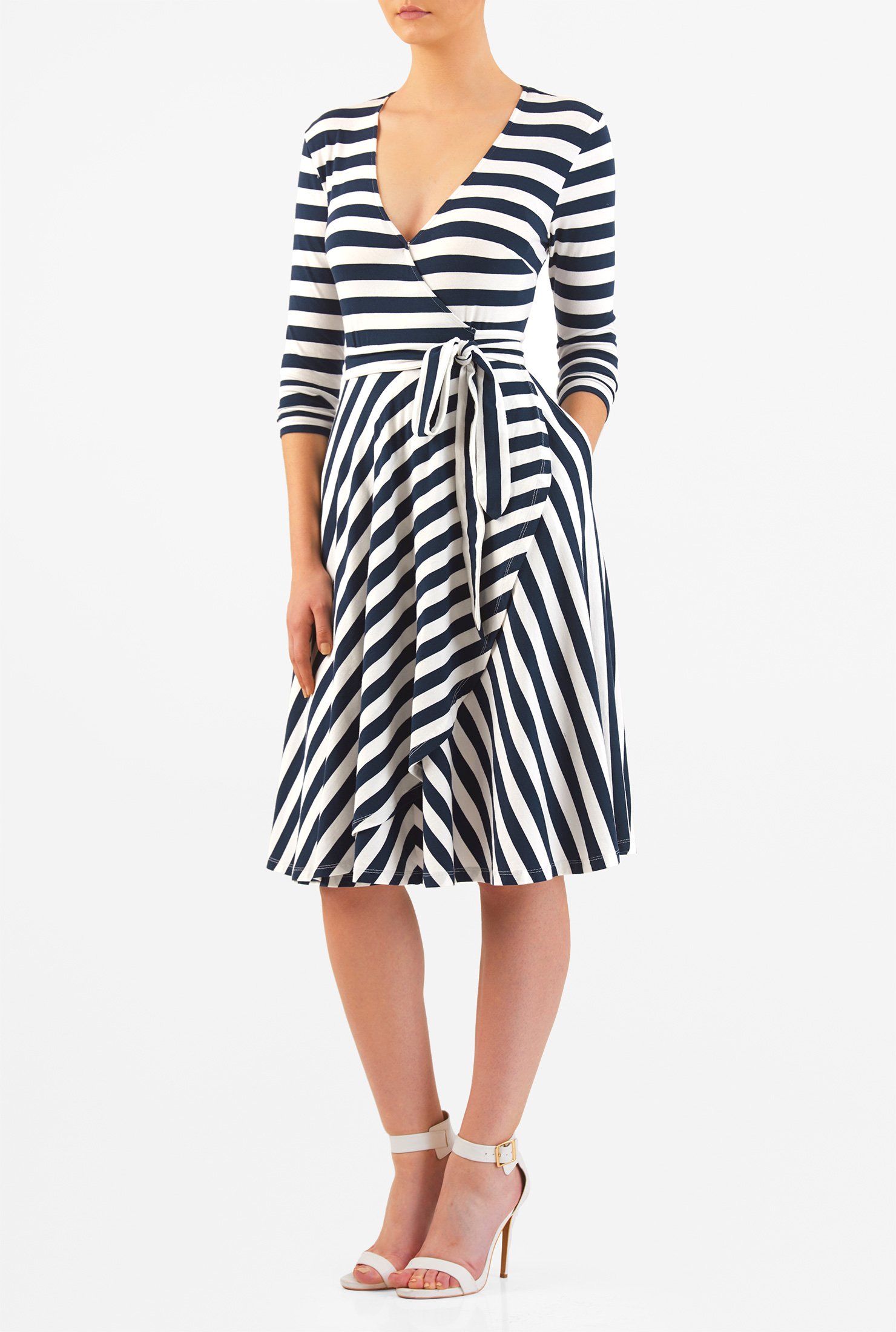 Shop Stripe cotton jersey knit faux-wrap dress | eShakti
