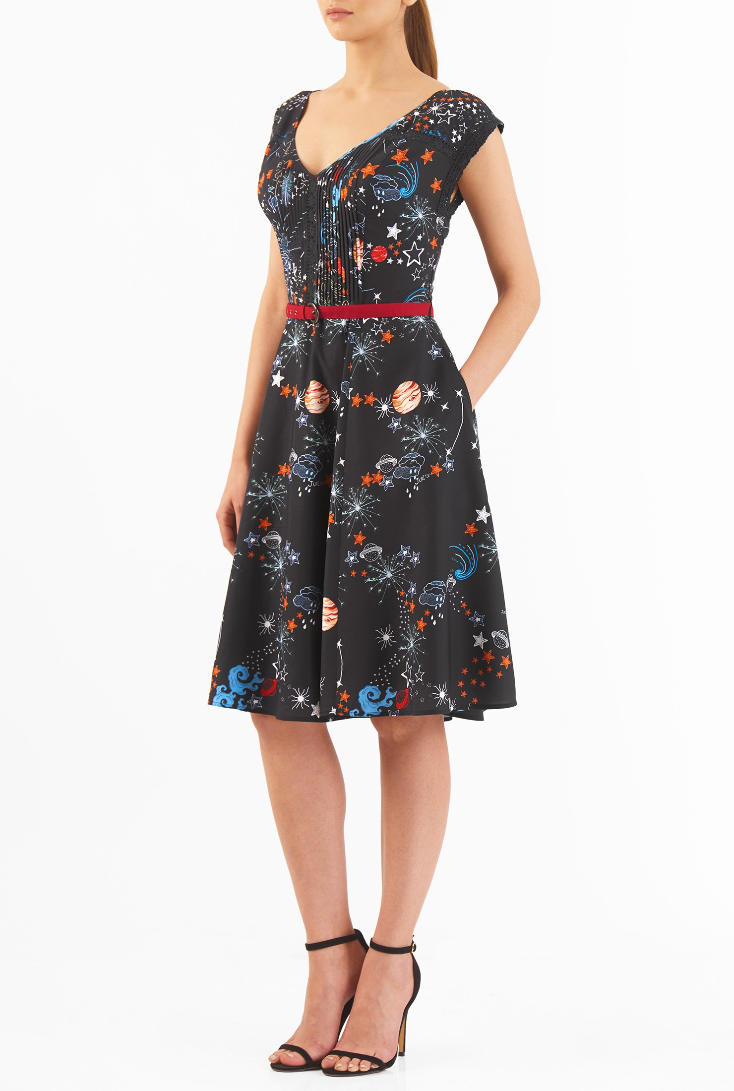 Shop Pintuck pleat lace trim constellation print crepe dress | eShakti