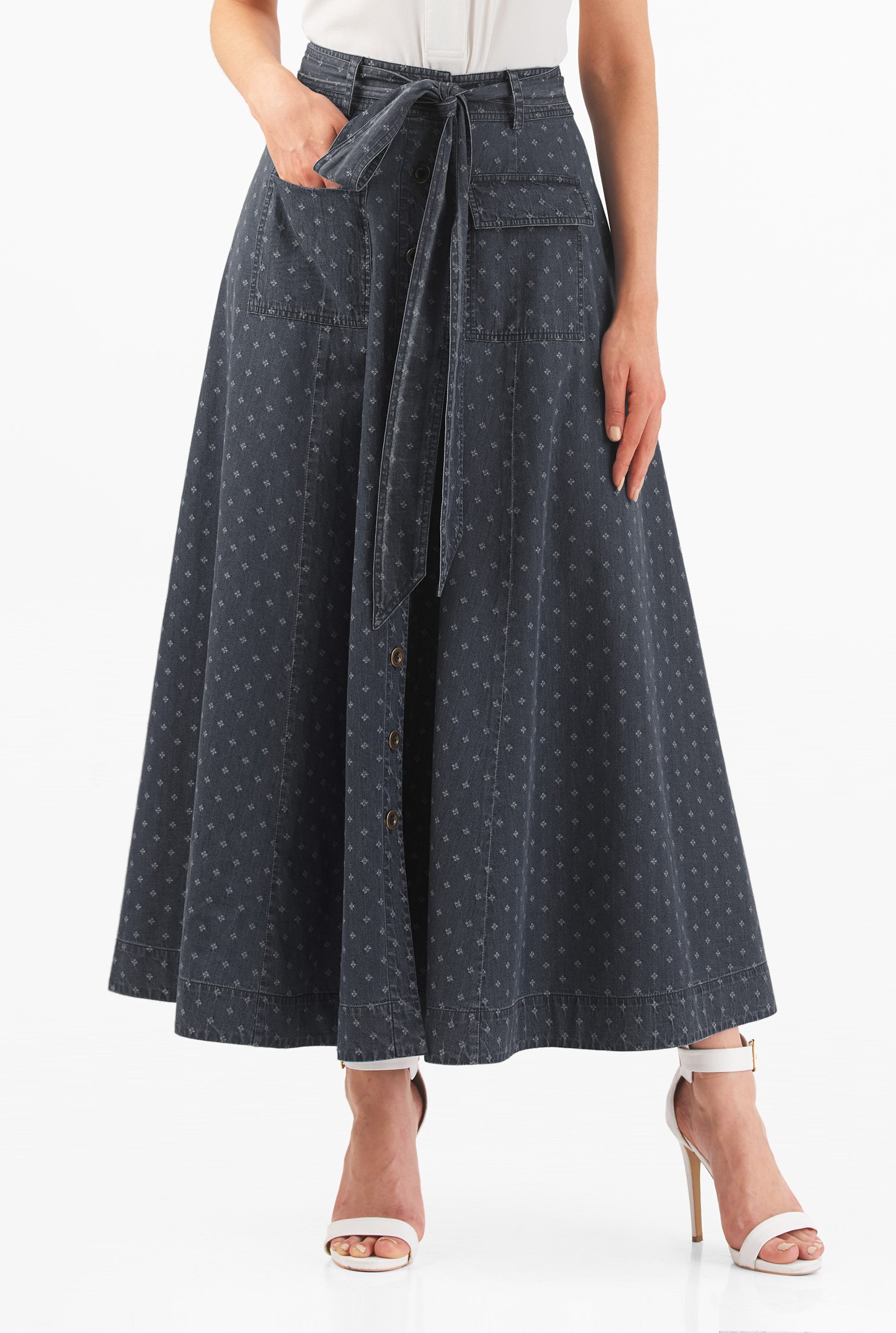 Shop Cotton denim jacquard sash tie skirt eShakti