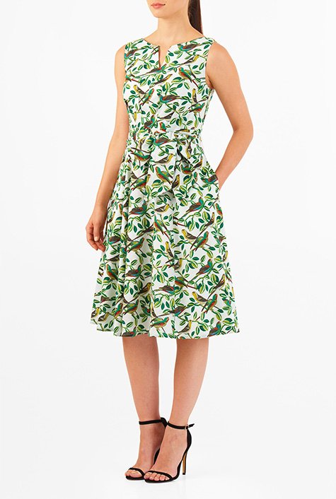 Shop Bird print cotton sash tie dress | eShakti