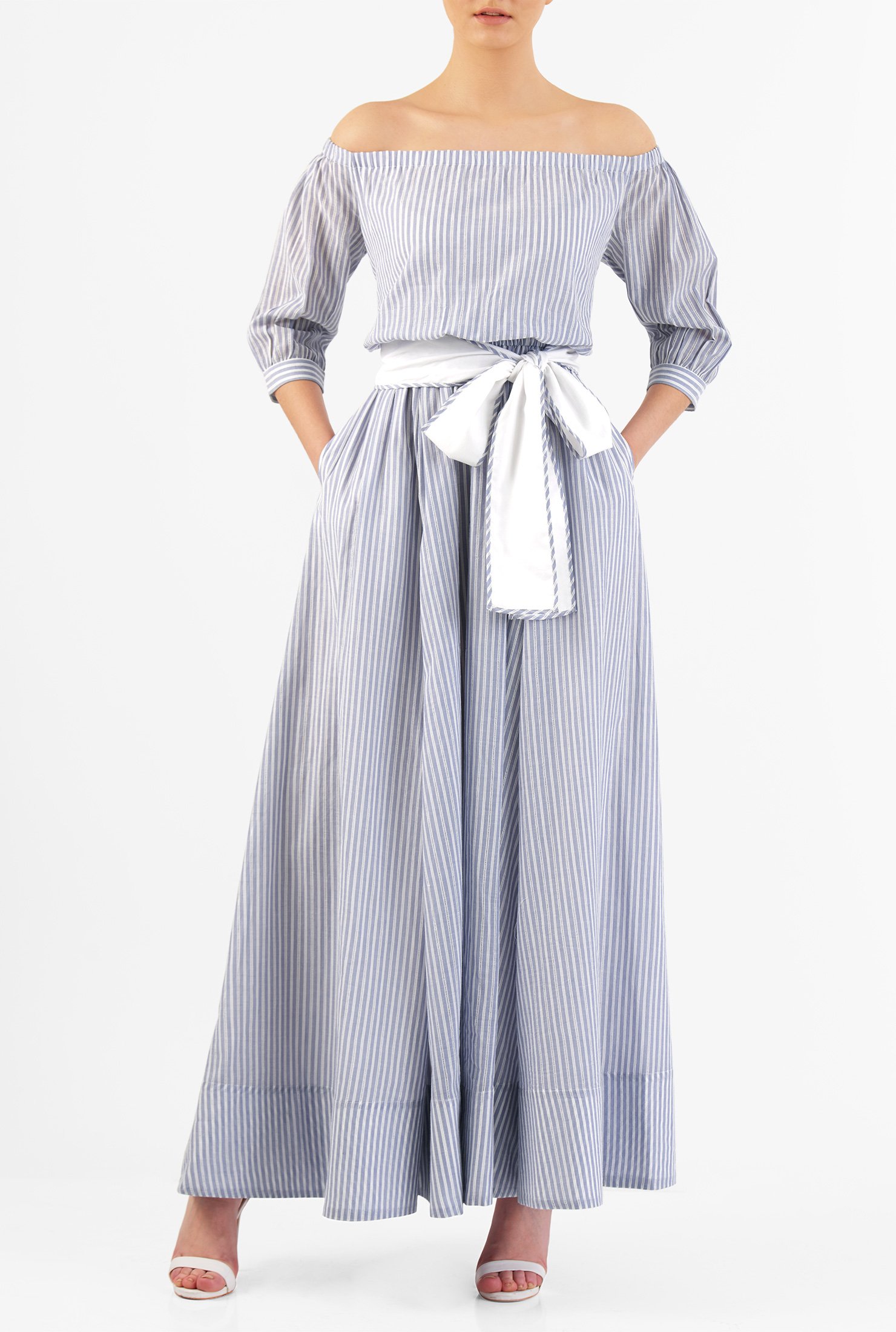 Shop Off-the-shoulder missing thread stripe cotton maxi dress | eShakti