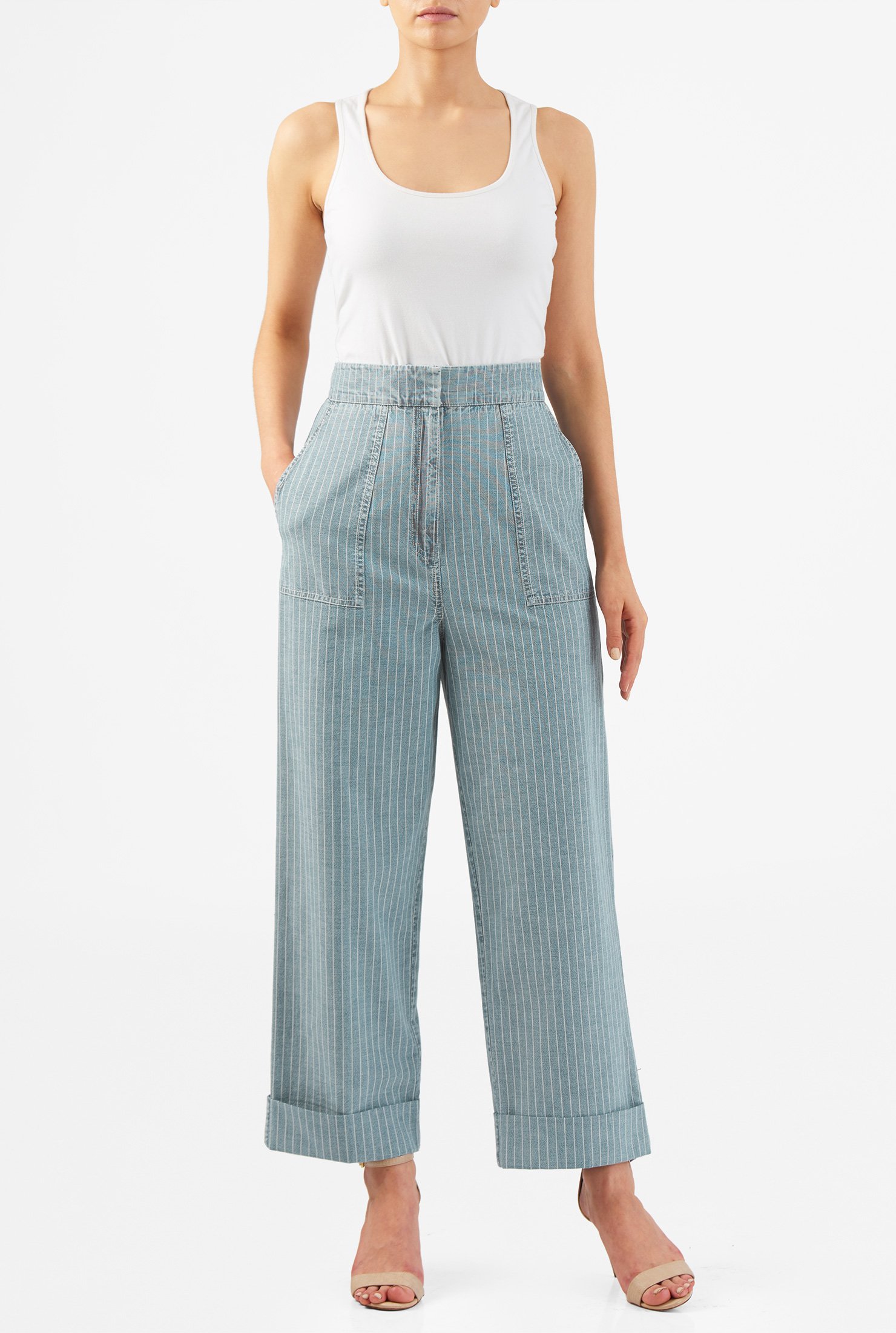 Shop High waist cotton chambray denim stripe jeans | eShakti