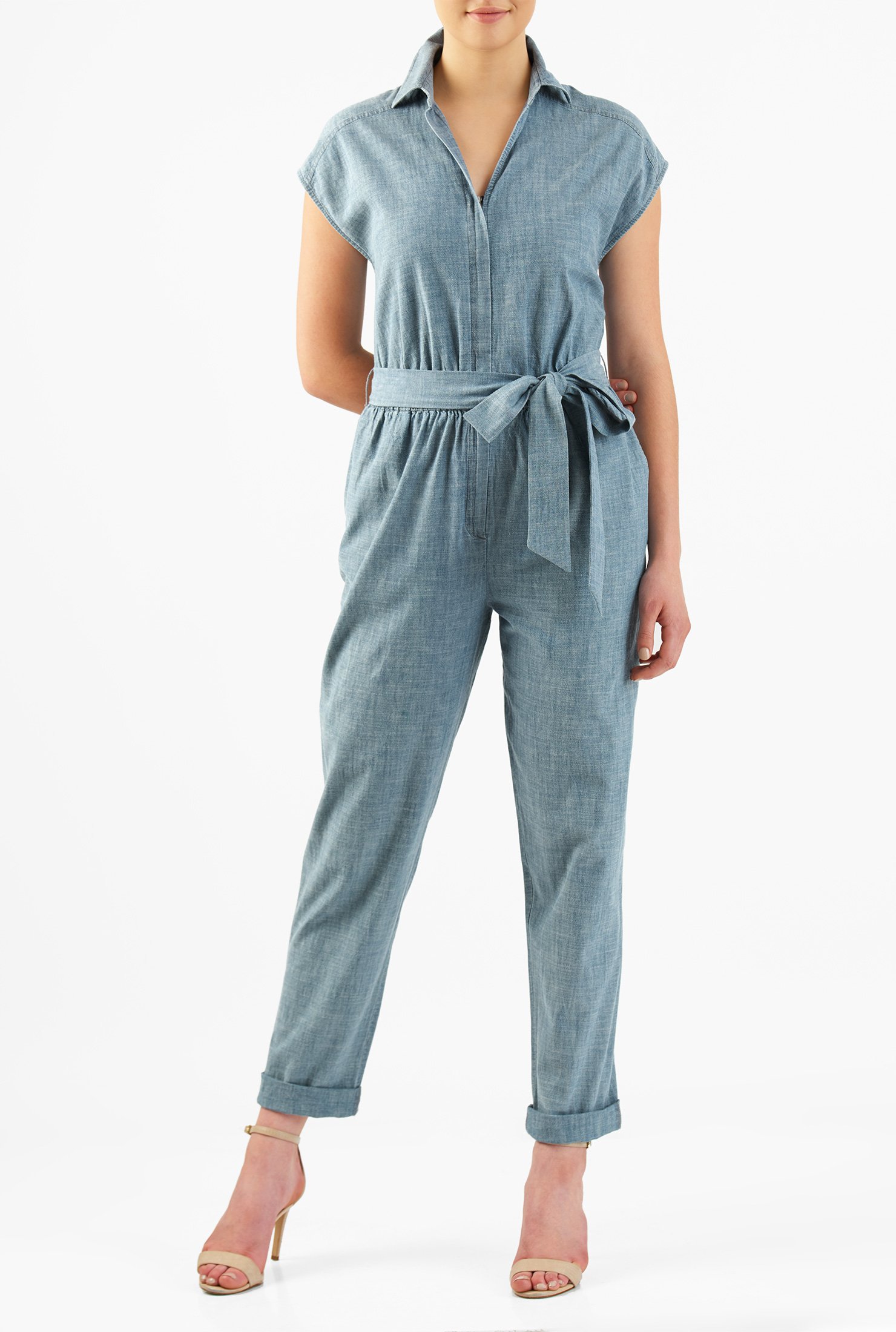 Shop Indigo chambray denim cotton jumpsuit | eShakti