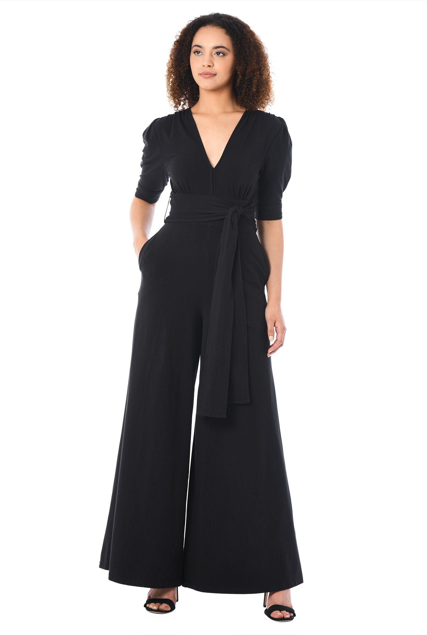 Shop Retro puff sleeve cotton knit jumpsuit eShakti