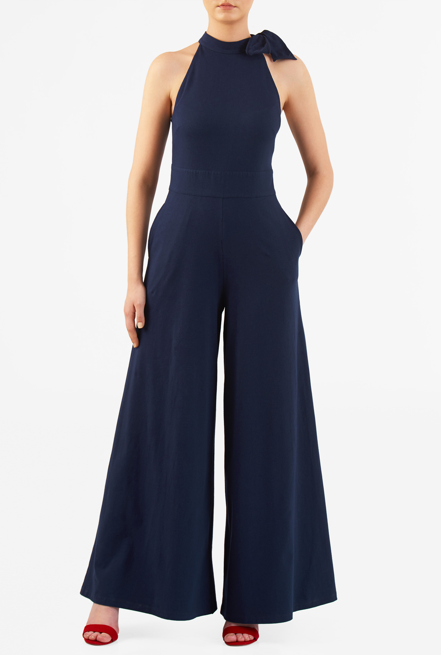 Shop Bow tie halterneck cotton knit jumpsuit eShakti