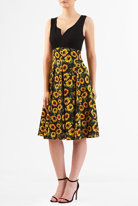 Shop Sunflower print empire mixed media dress | eShakti