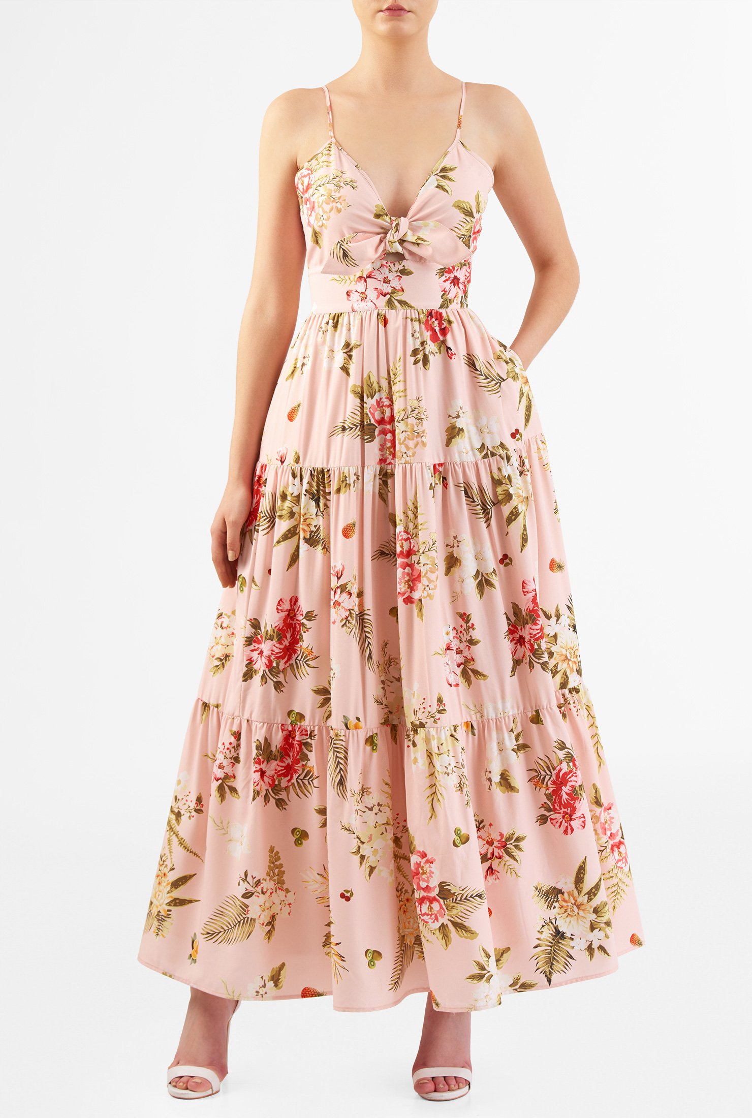 Shop Floral print bow-tie crepe tiered maxi dress | eShakti