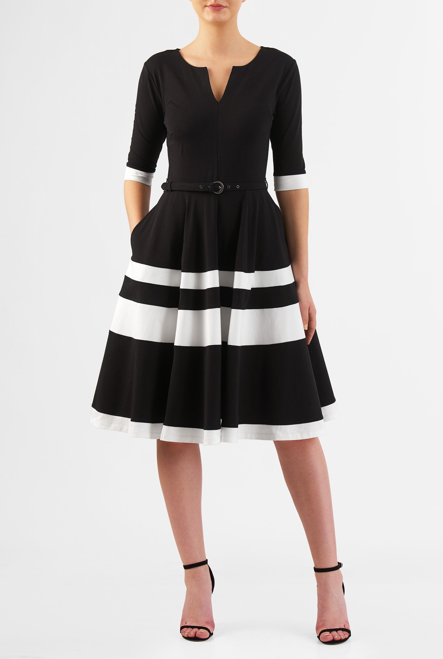 Shop Contrast banded stripe cotton knit belted dress | eShakti