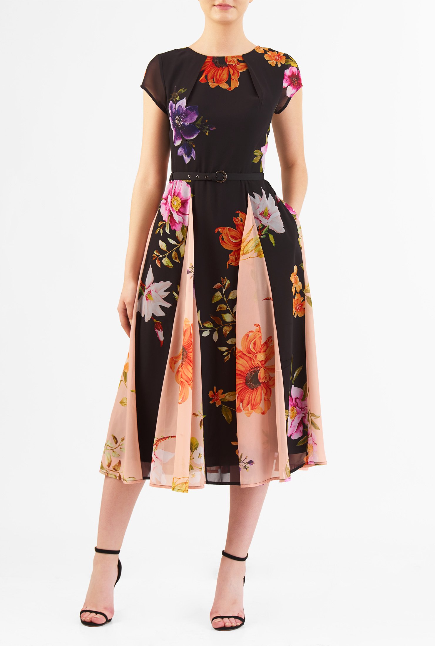 Shop Tropical floral print georgette belted dress | eShakti