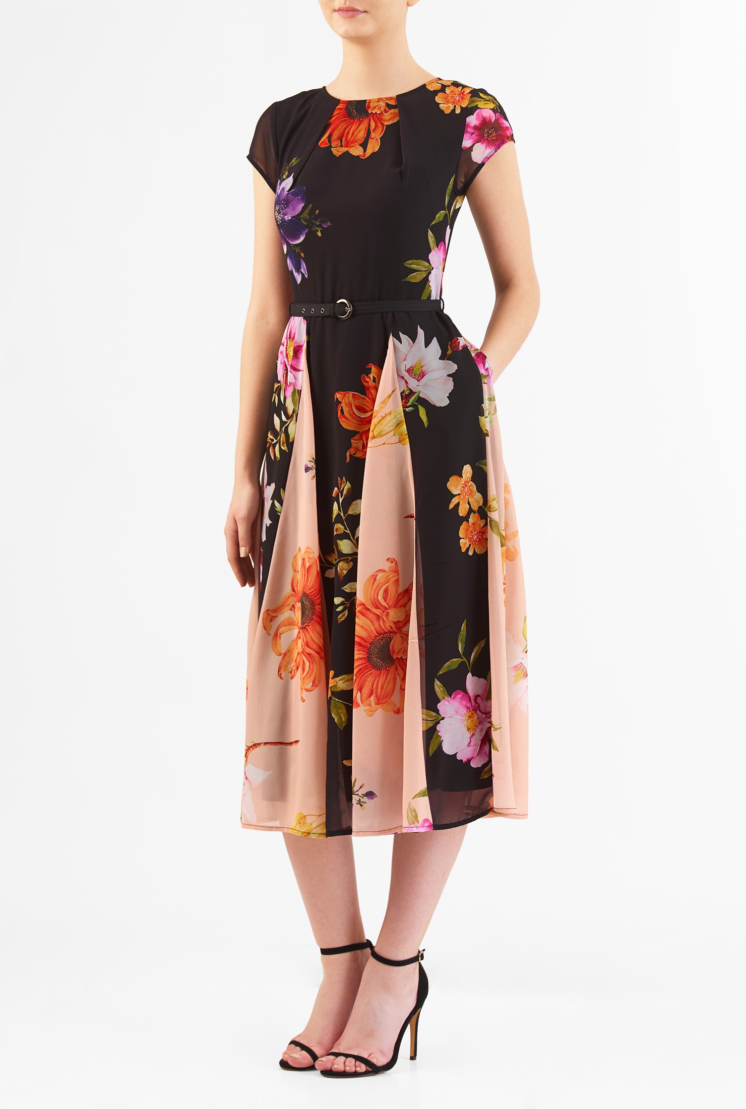Shop Tropical floral print georgette belted dress | eShakti