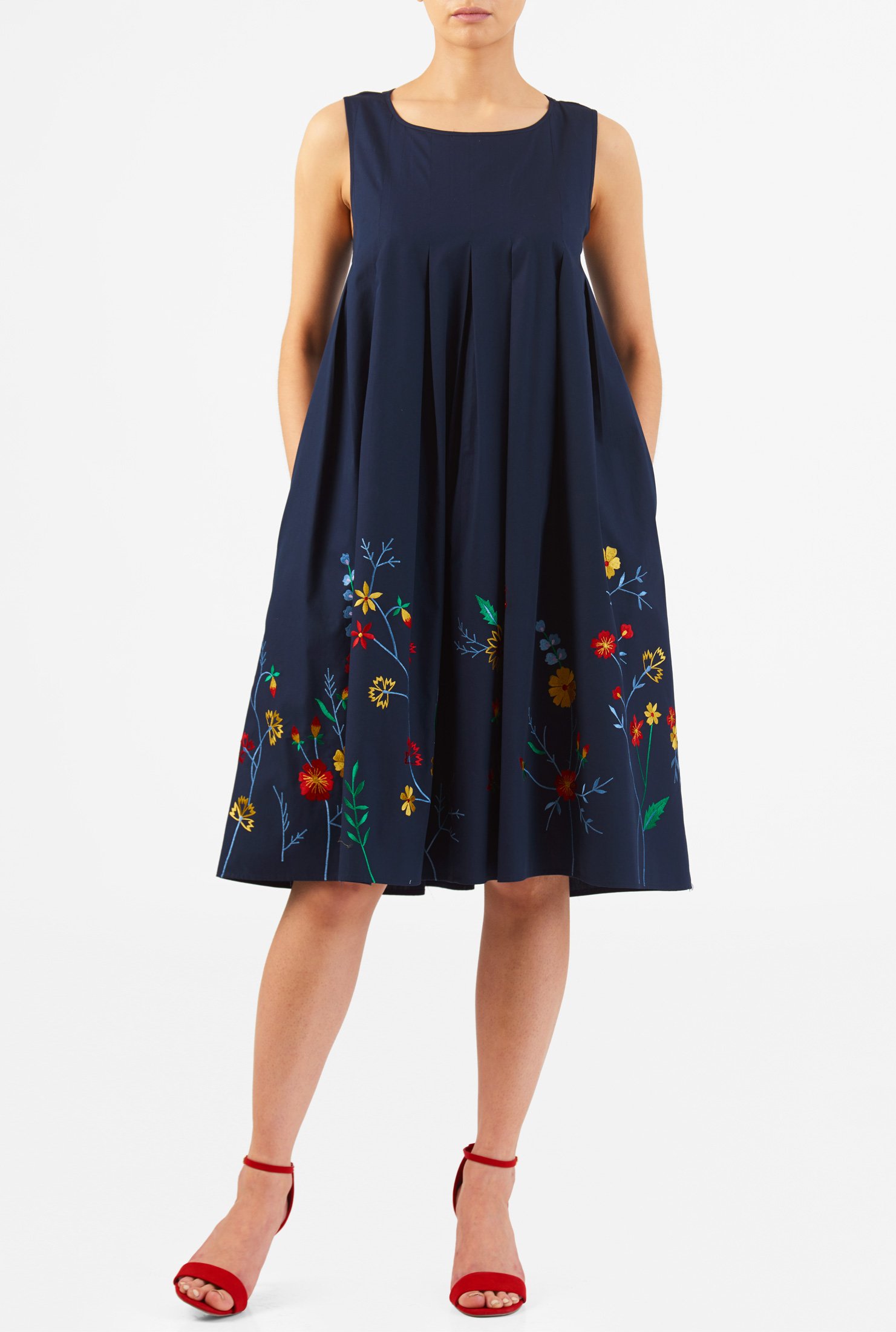 Shop Floral embellished cotton poplin trapeze dress | eShakti