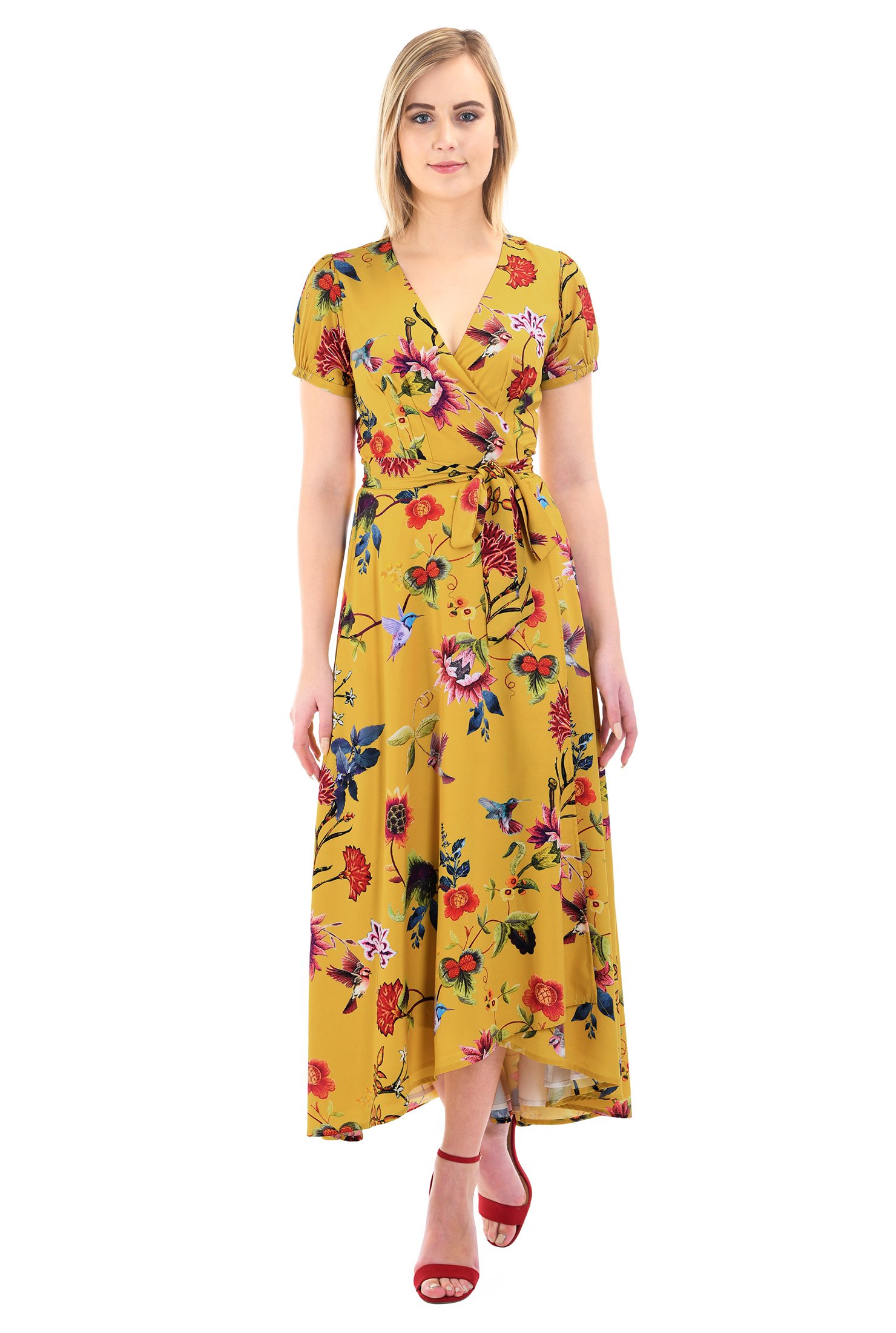 Shop Floral bird print crepe wrap dress | eShakti