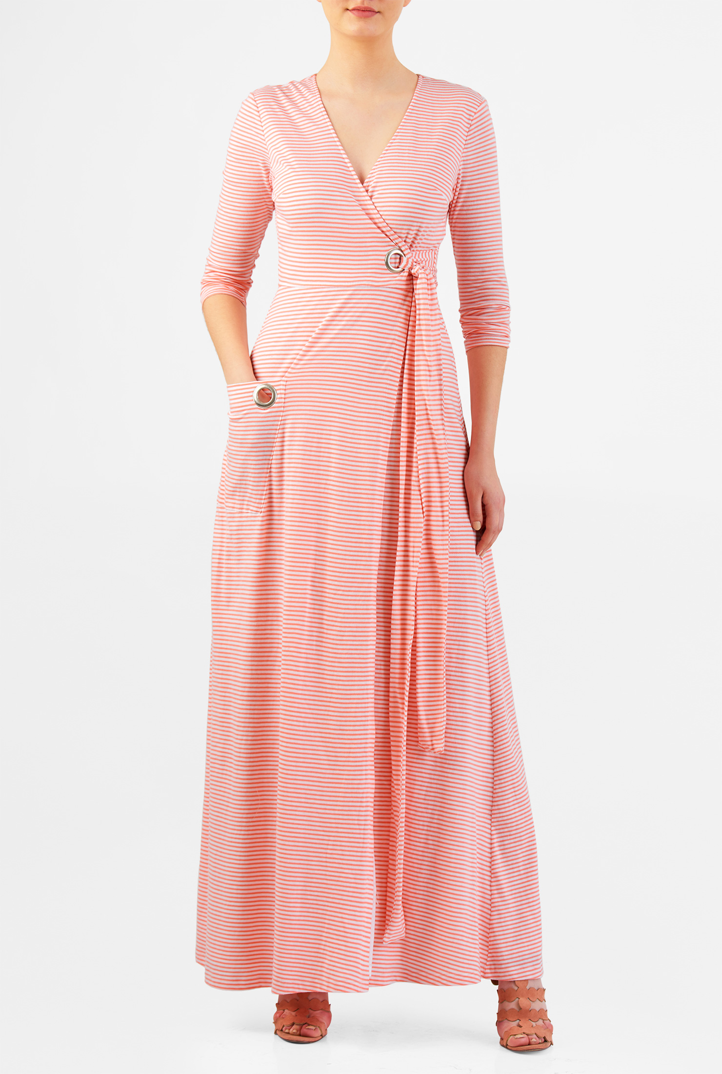 Shop Stripe cotton knit grommet front wrap maxi dress eShakti